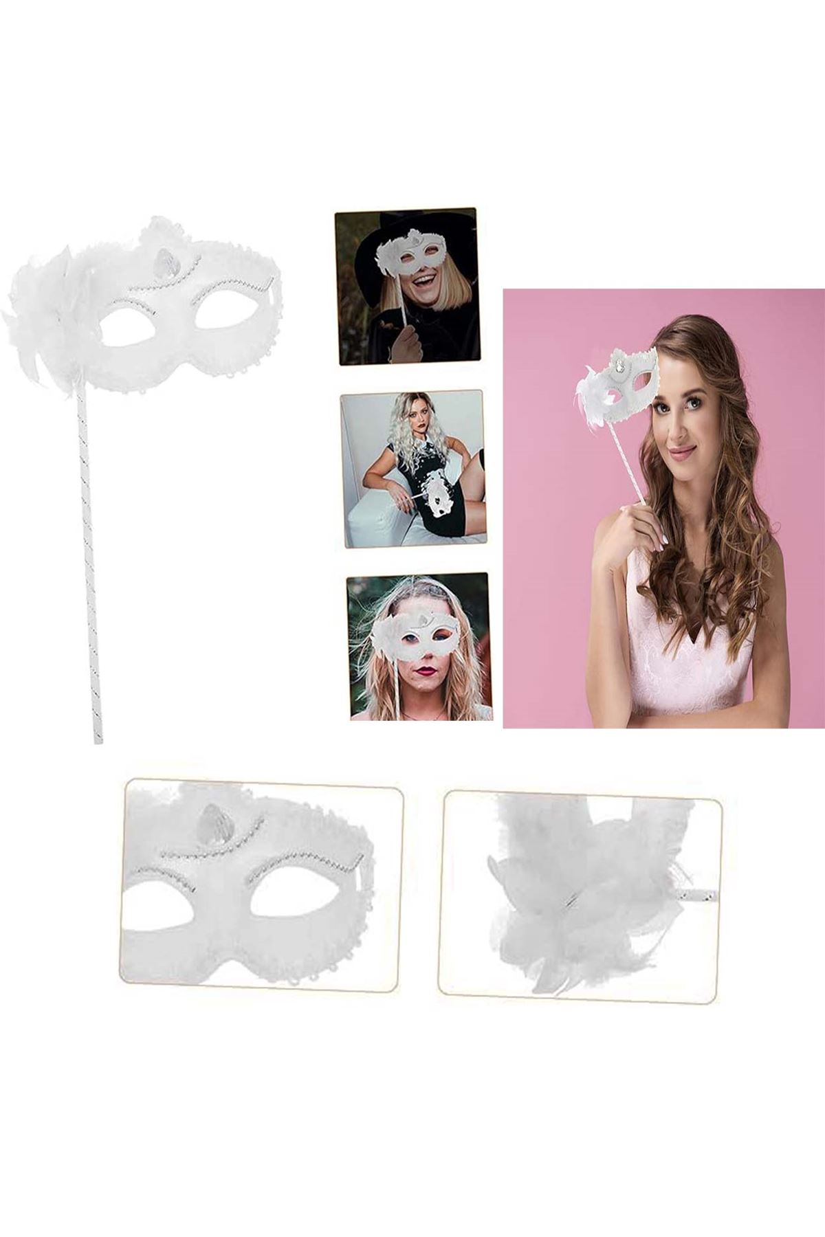 Beyaz Işıltılı Tutmalı Fotoğraf Çekimi Maskesi