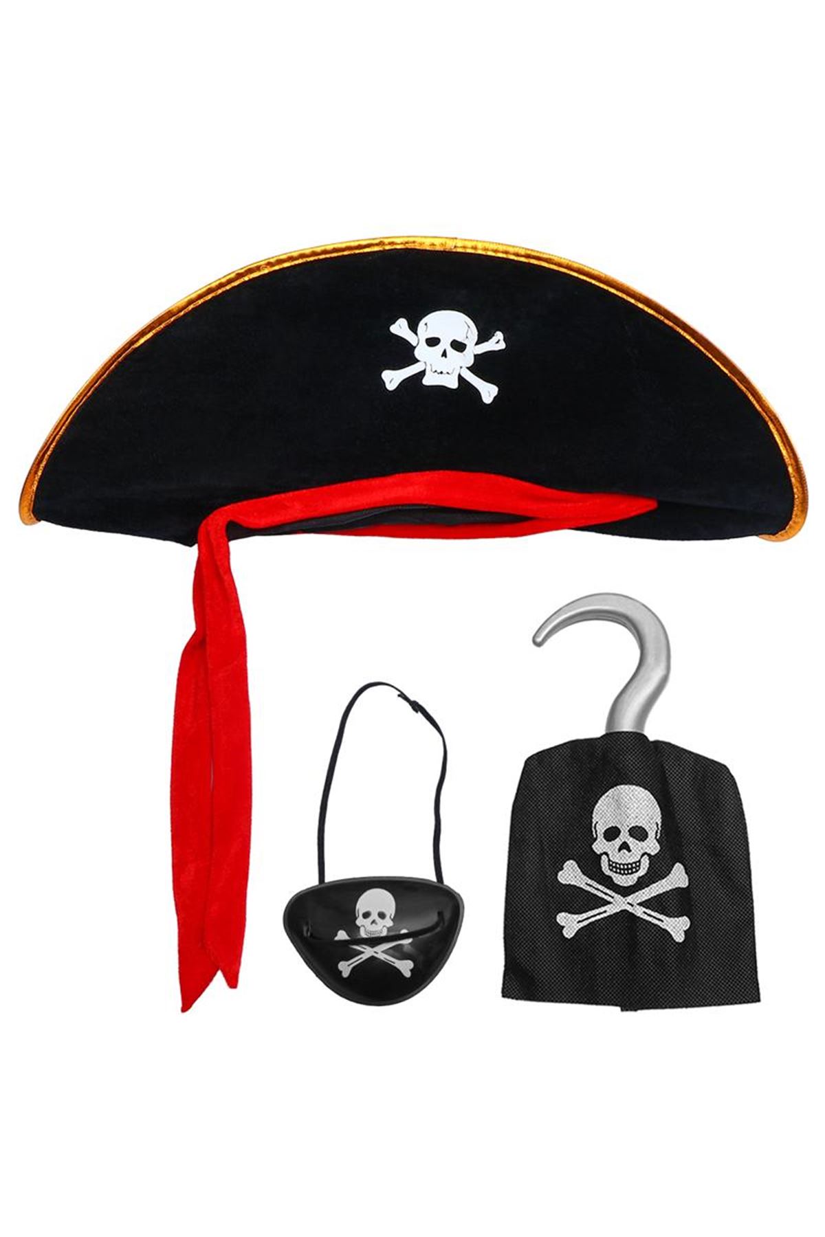 Kadife Jack Korsan Şapkası, Eli ve Göz Maskesi Çocuk Boy