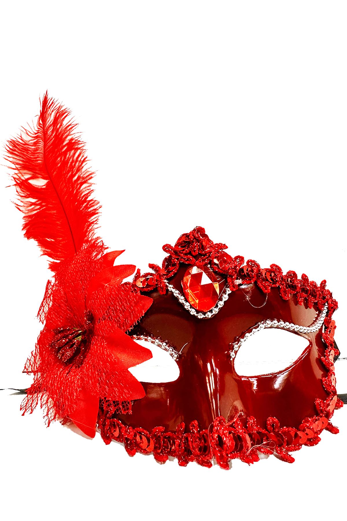 Kırmızı Güllü ve Tüylü Venedik Maskesi