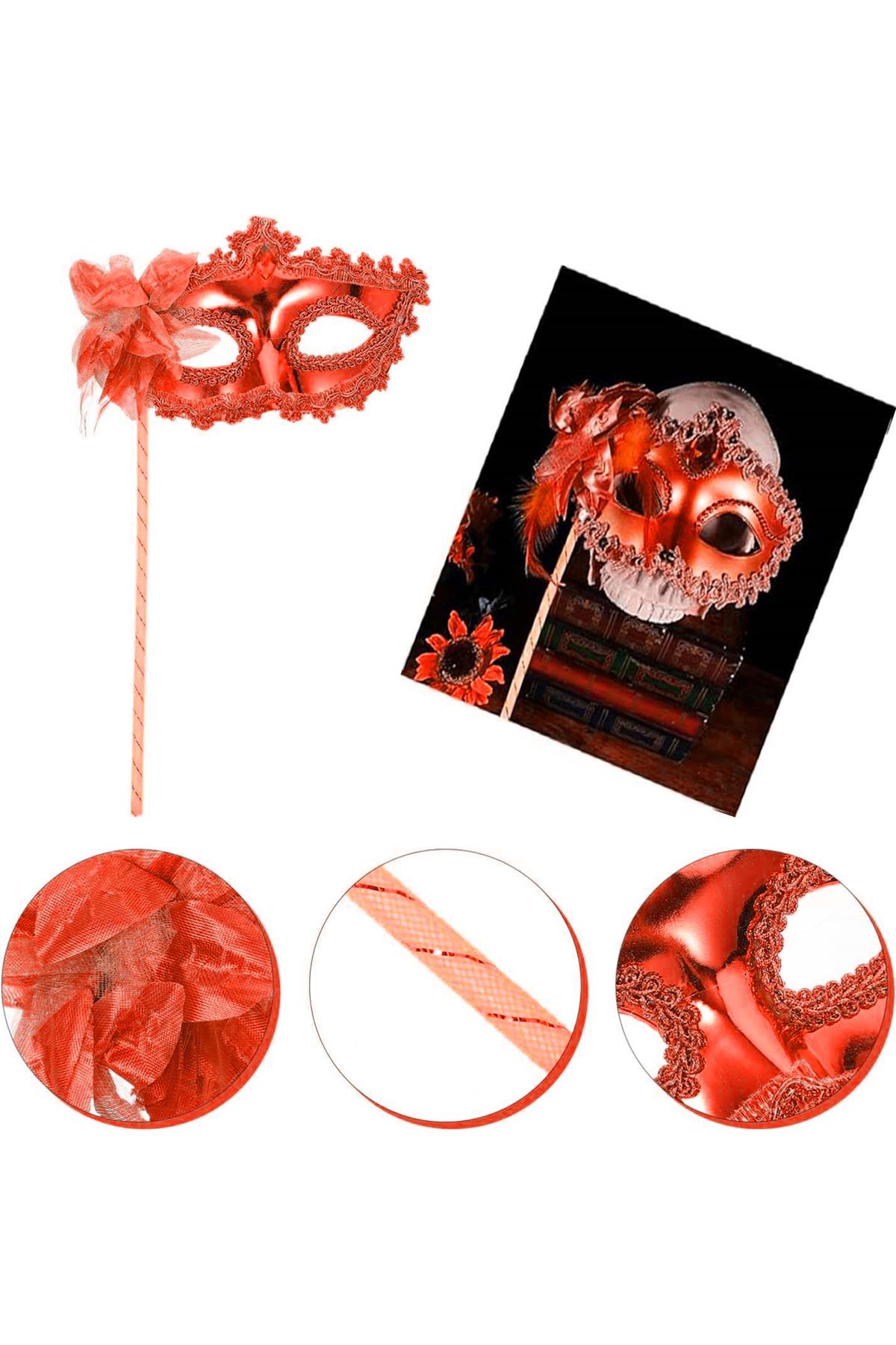 Kırmızı Işıltılı Tutmalı Fotoğraf Çekimi Maskesi