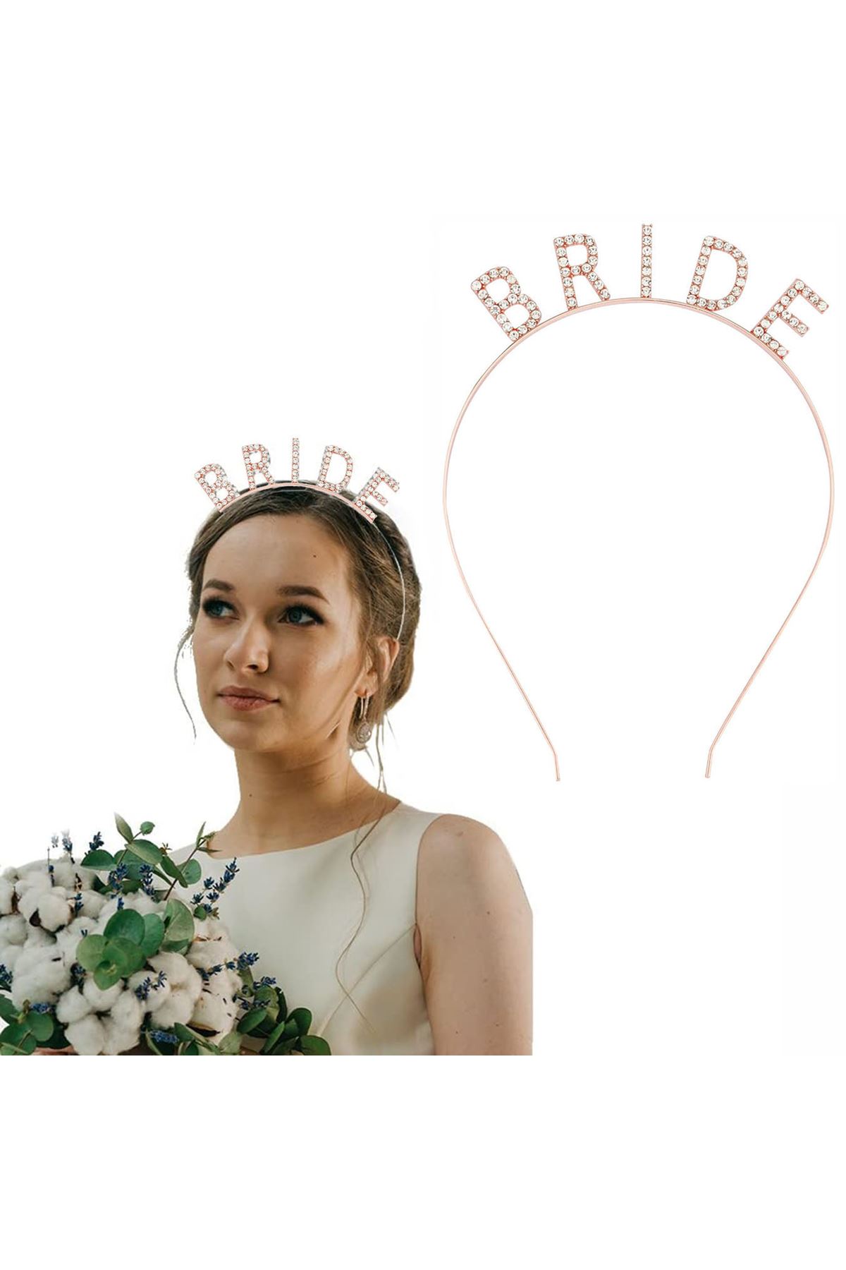 Rose Gold Bekarlığa Veda Kristal Taş Bride Tacı