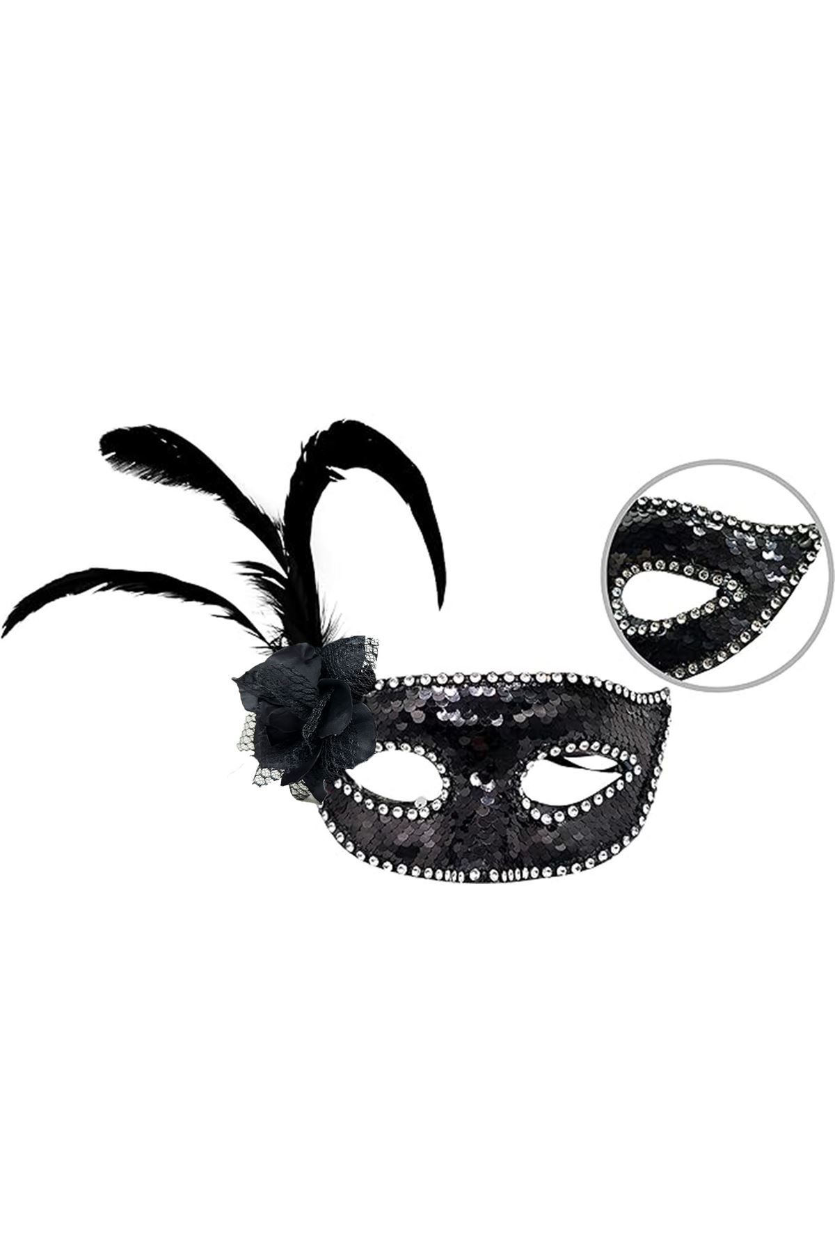 Siyah Yandan Tüylü Güllü Taşlı Pullu Maske