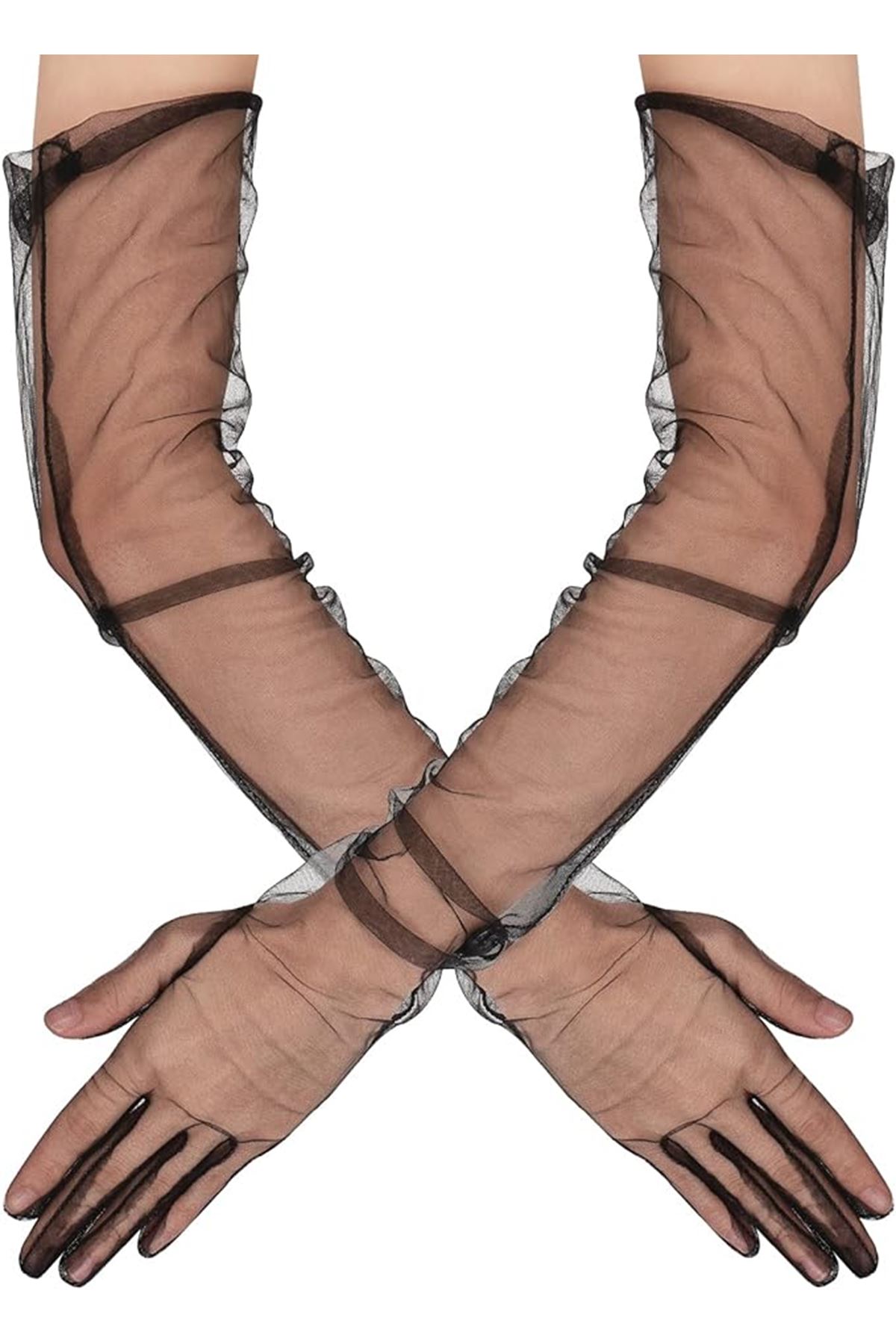 Uzun Boy Likralı Siyah Yetişkin Mega Tül Eldiven