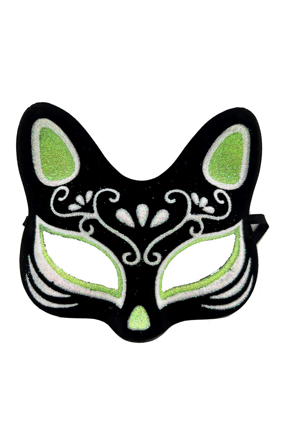 Siyah Süet Kaplama Gümüş Yeşil Simli Kedi Maskesi