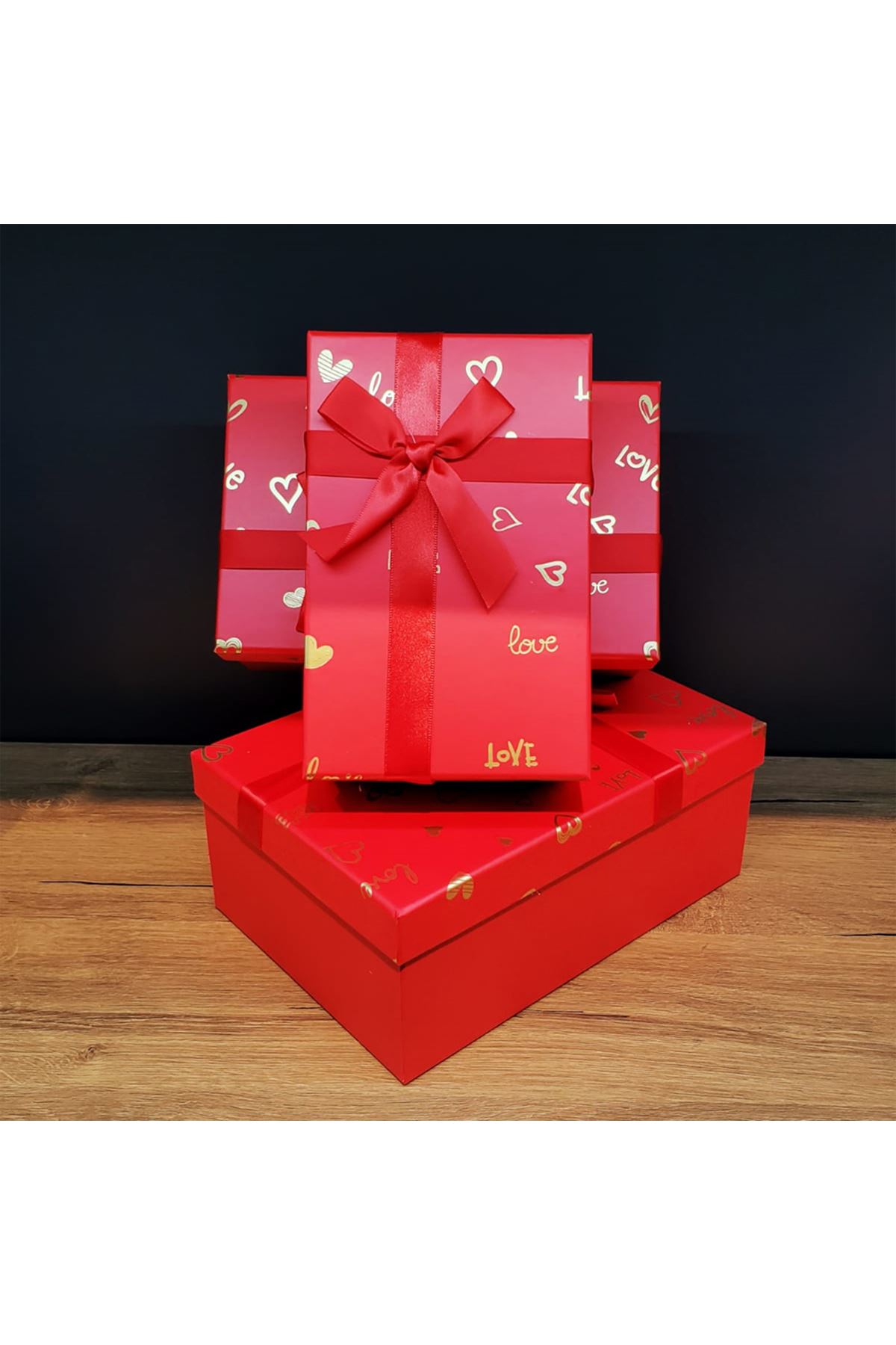 Dikdörtgen 3'lü Kırmızı Hediye Kutusu