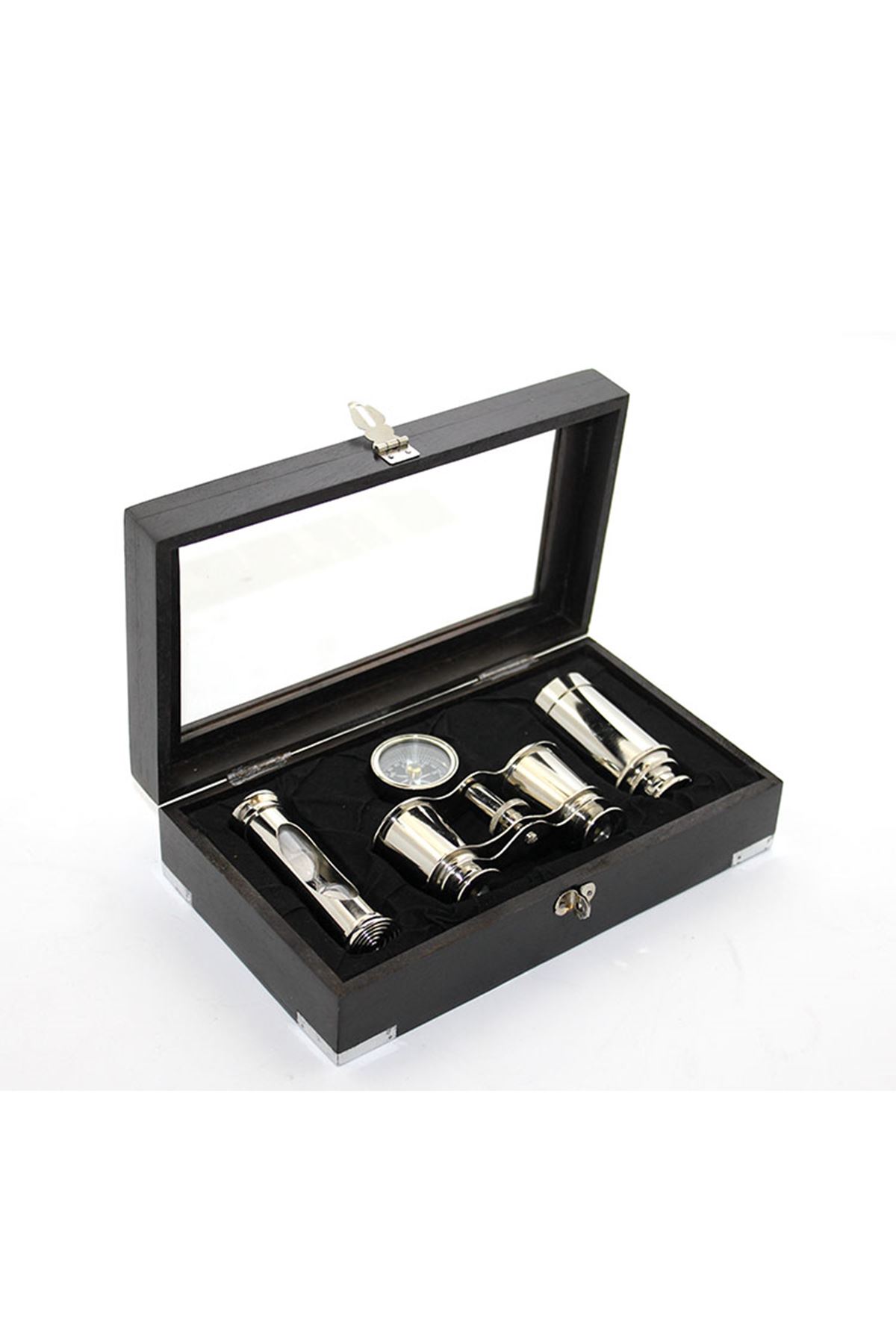 Ahşap Kutulu Pirinç Dürbün Pusula Ve Kum Saati Seti