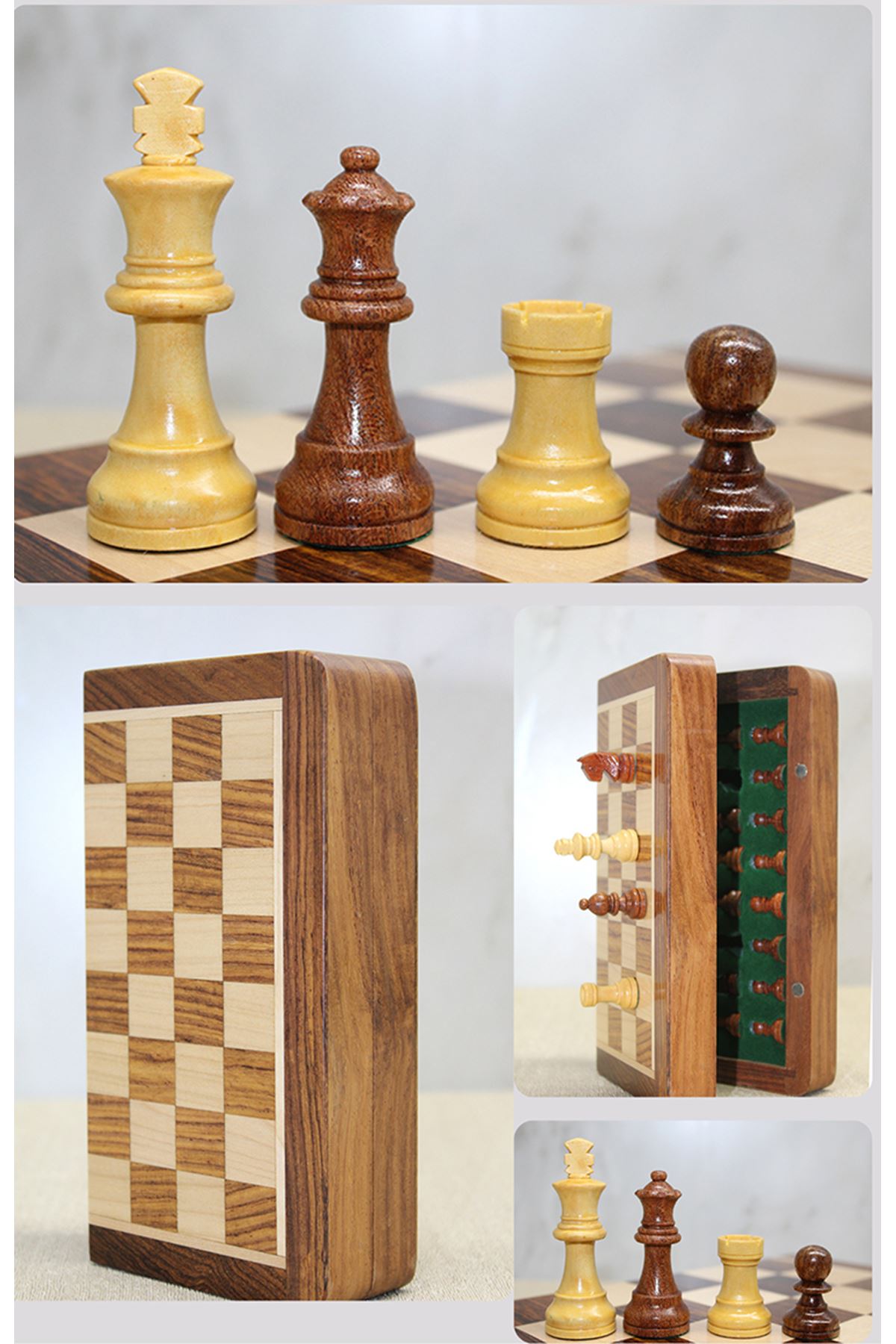 Mıknatıs Taşlı Ahşap Katlanabilir Kutulu Satranç Oyunu 12.5 Cm