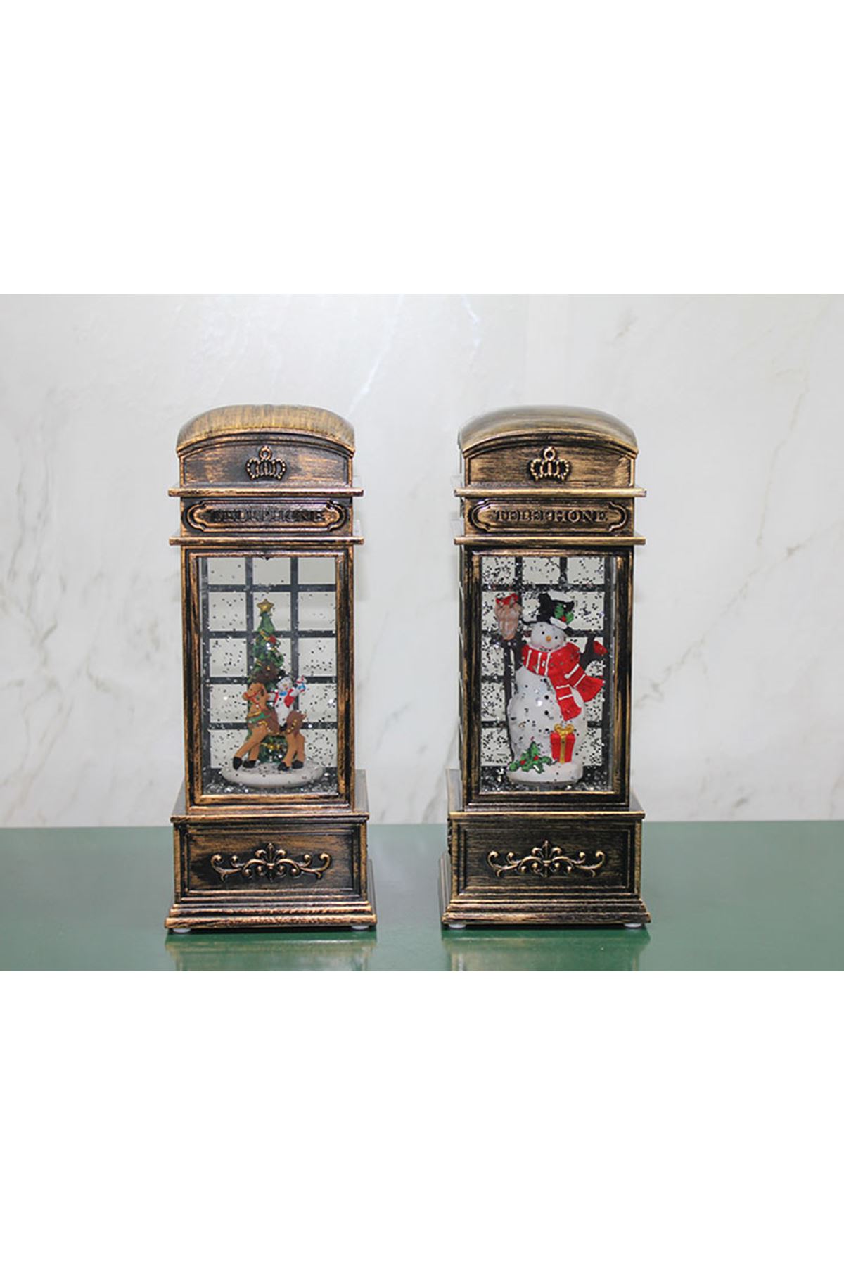 Telefon Kulübesi Tasarımlı Yılbaşı Temalı Işıklı Müzikli Kar Küresi Model 1