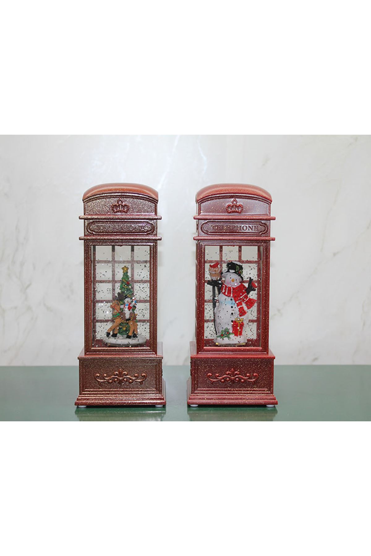 Telefon Kulübesi Tasarımlı Yılbaşı Temalı Işıklı Müzikli Kar Küresi Model 2