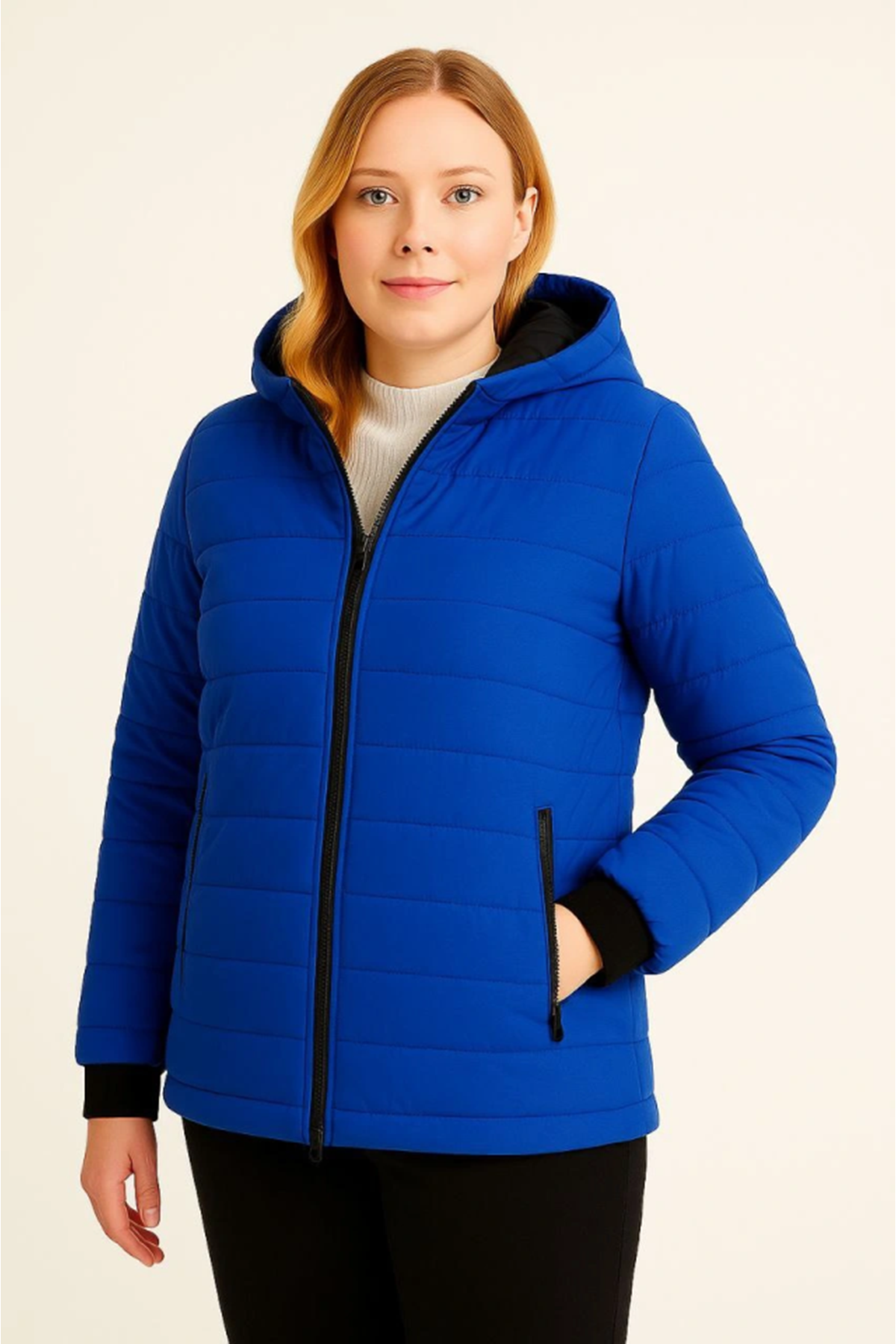 Şişme Kapüşonlu Fermuarlı Mont Su Itici Kapitone Astarlı Kumaş Cepli Kışlık Rahat Kalıp  - Saks Mavisi