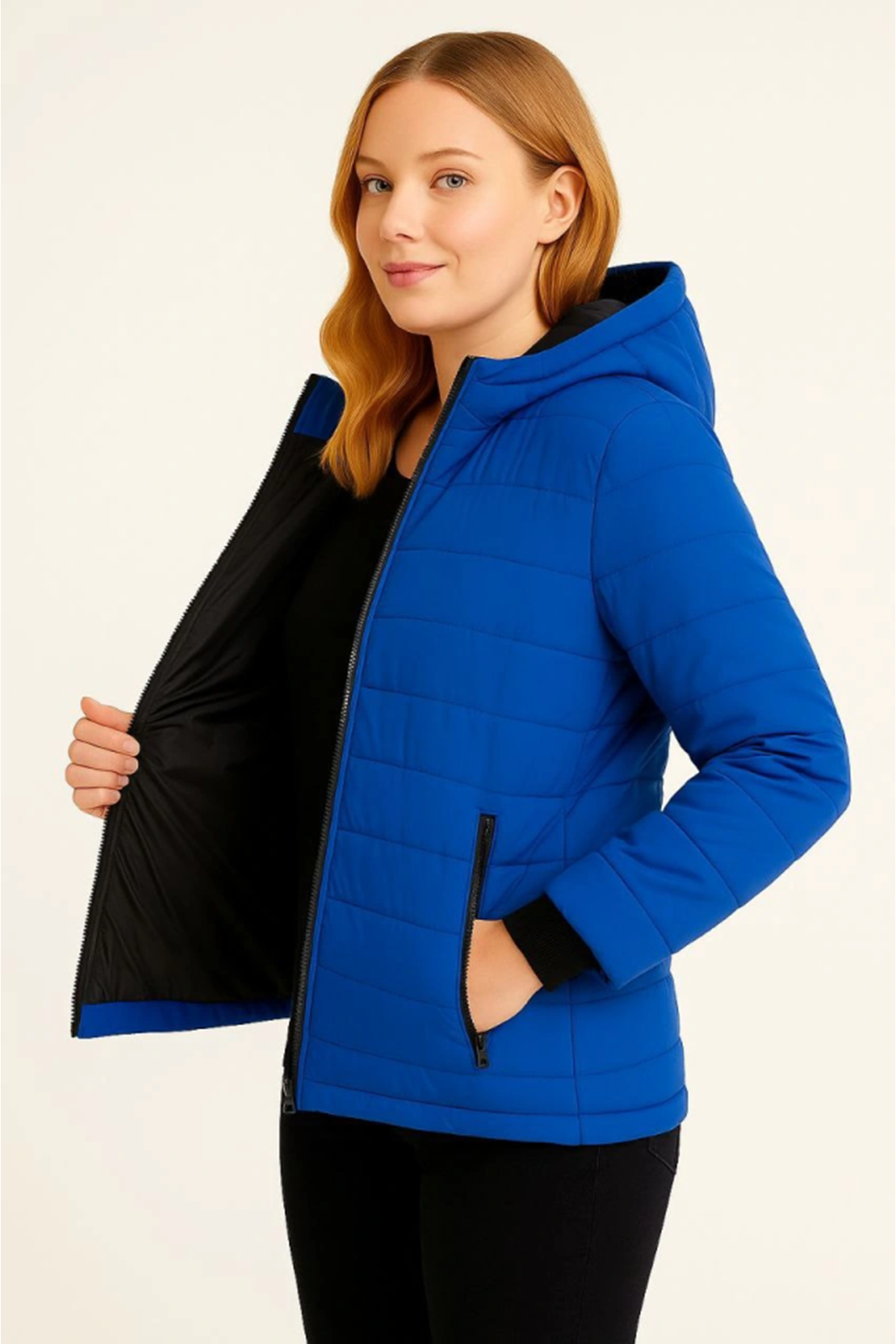 Şişme Kapüşonlu Fermuarlı Mont Su Itici Kapitone Astarlı Kumaş Cepli Kışlık Rahat Kalıp  - Saks Mavisi