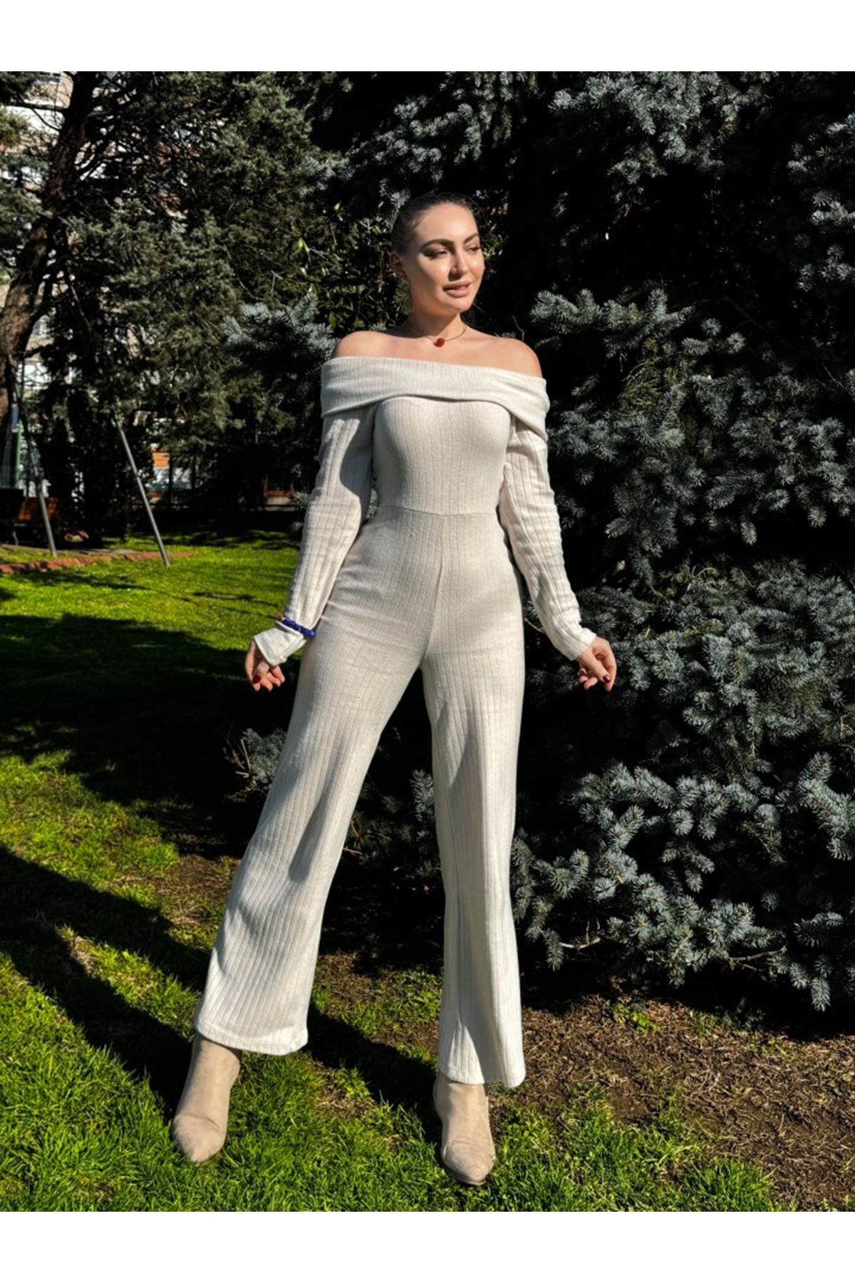 Kadın Uzun Kollu Madonna Yaka şardonlu Kaşkorse Tulum