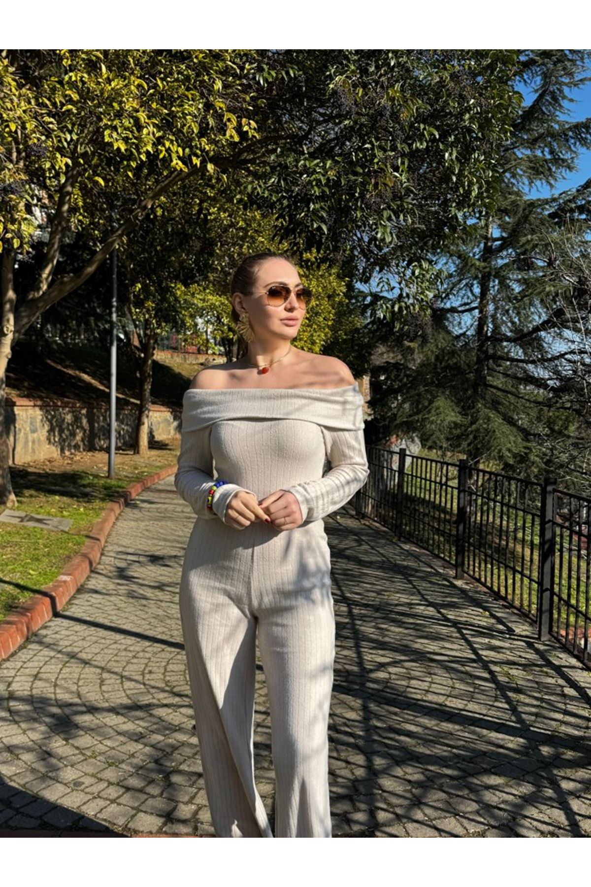 Kadın Uzun Kollu Madonna Yaka şardonlu Kaşkorse Tulum