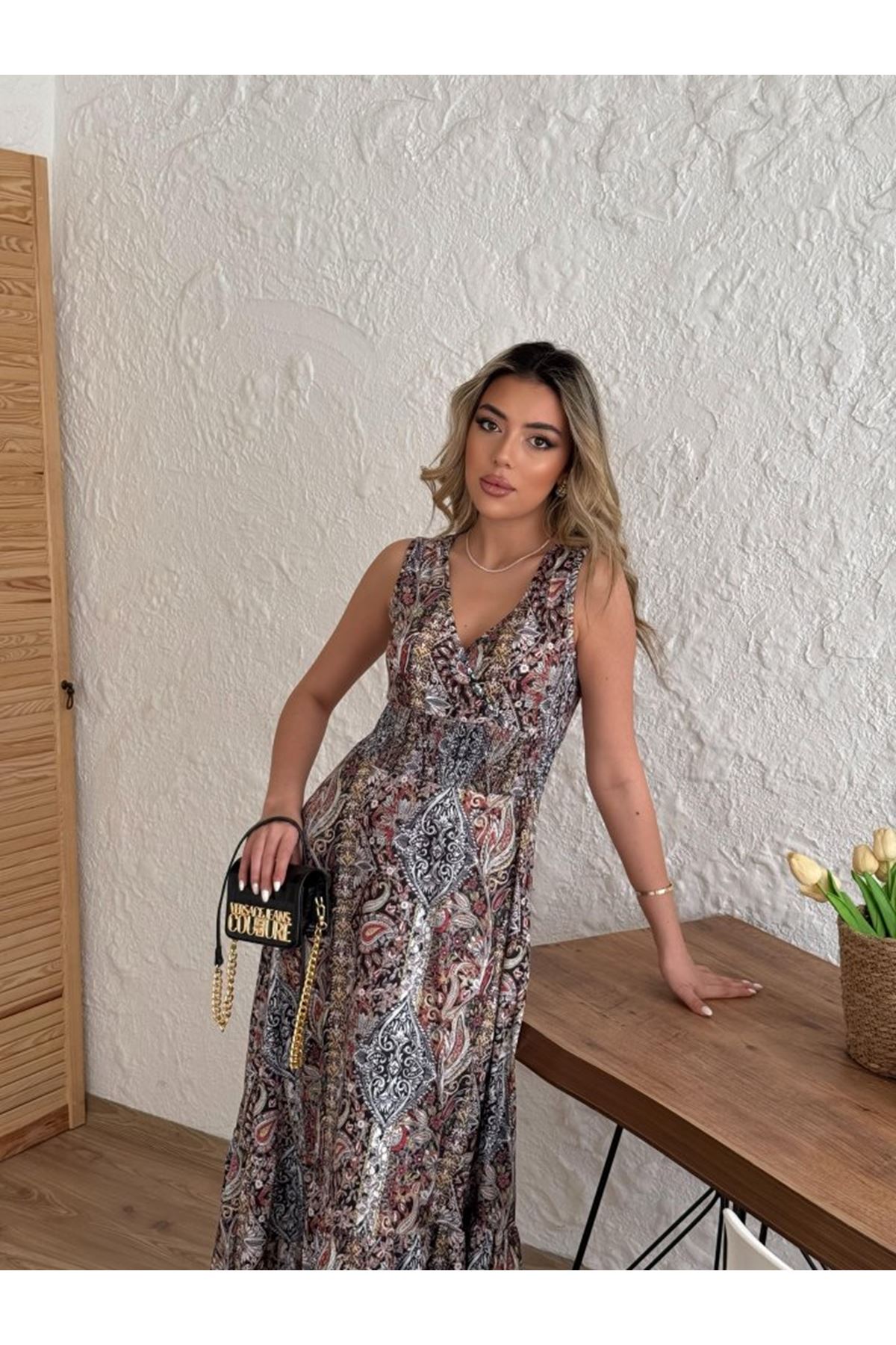 Kadın Beli Gipeli Etnik Desen Sıfır Kol Süprem Elbise