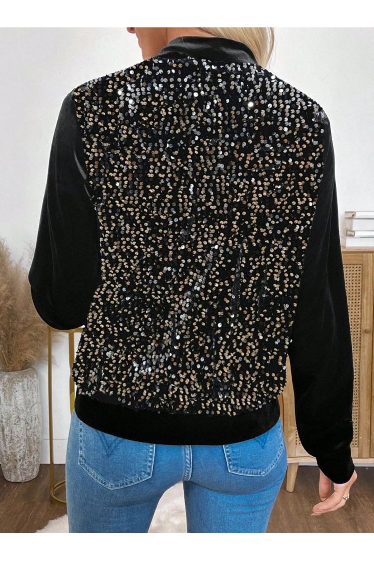 Kadın Uzun Kollu önü Açık Fermuarlı Pulpayetli Kadife Ceket