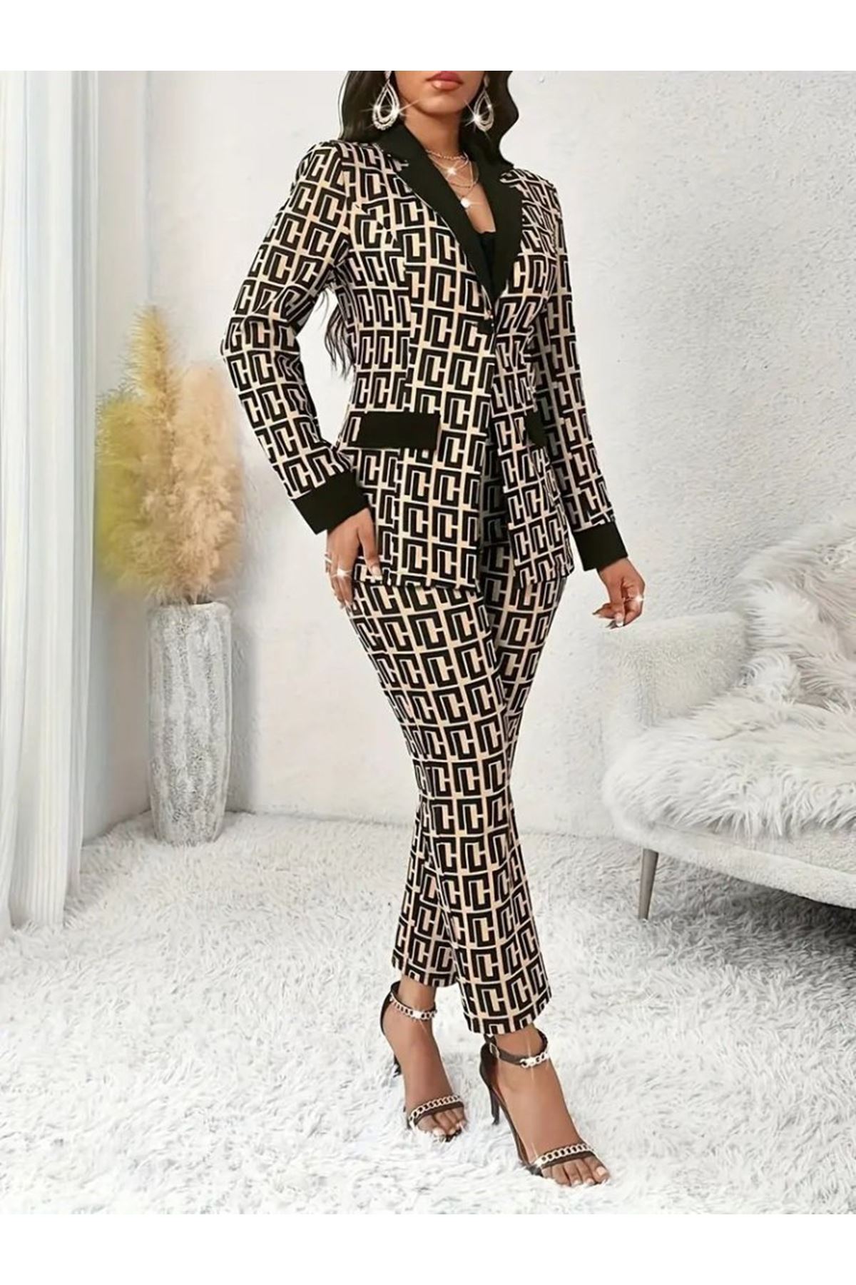 Kadın Uzun Kollu Yakalı Desenli Dalgıç Ceket Bluz Ve Pantolon üçlü Takım