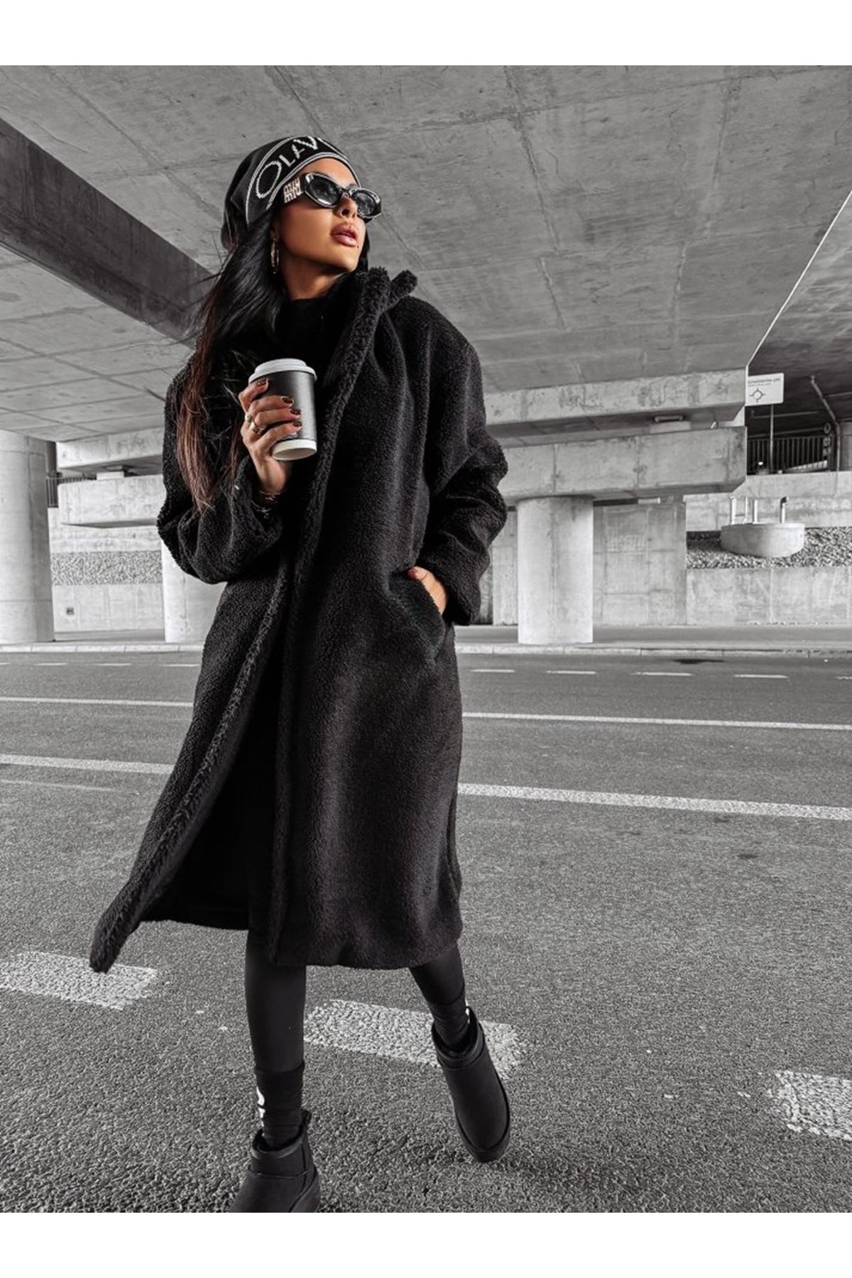 Kadın Kapüşon Ve Cep Detay Uzun Wellsoft Kaban