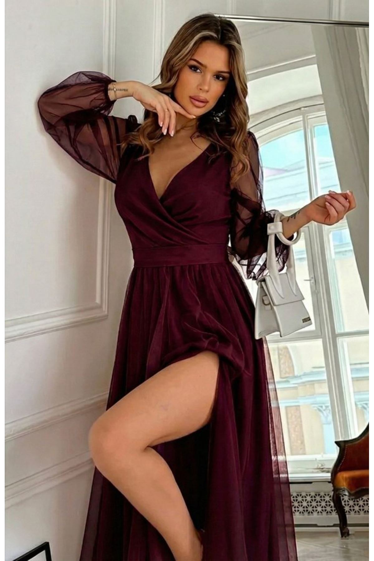 Kadın Uzun Kollu Kruvaze Yakalı Belden Kuşaklı Tüllü Uzun Ithal Krep Elbise