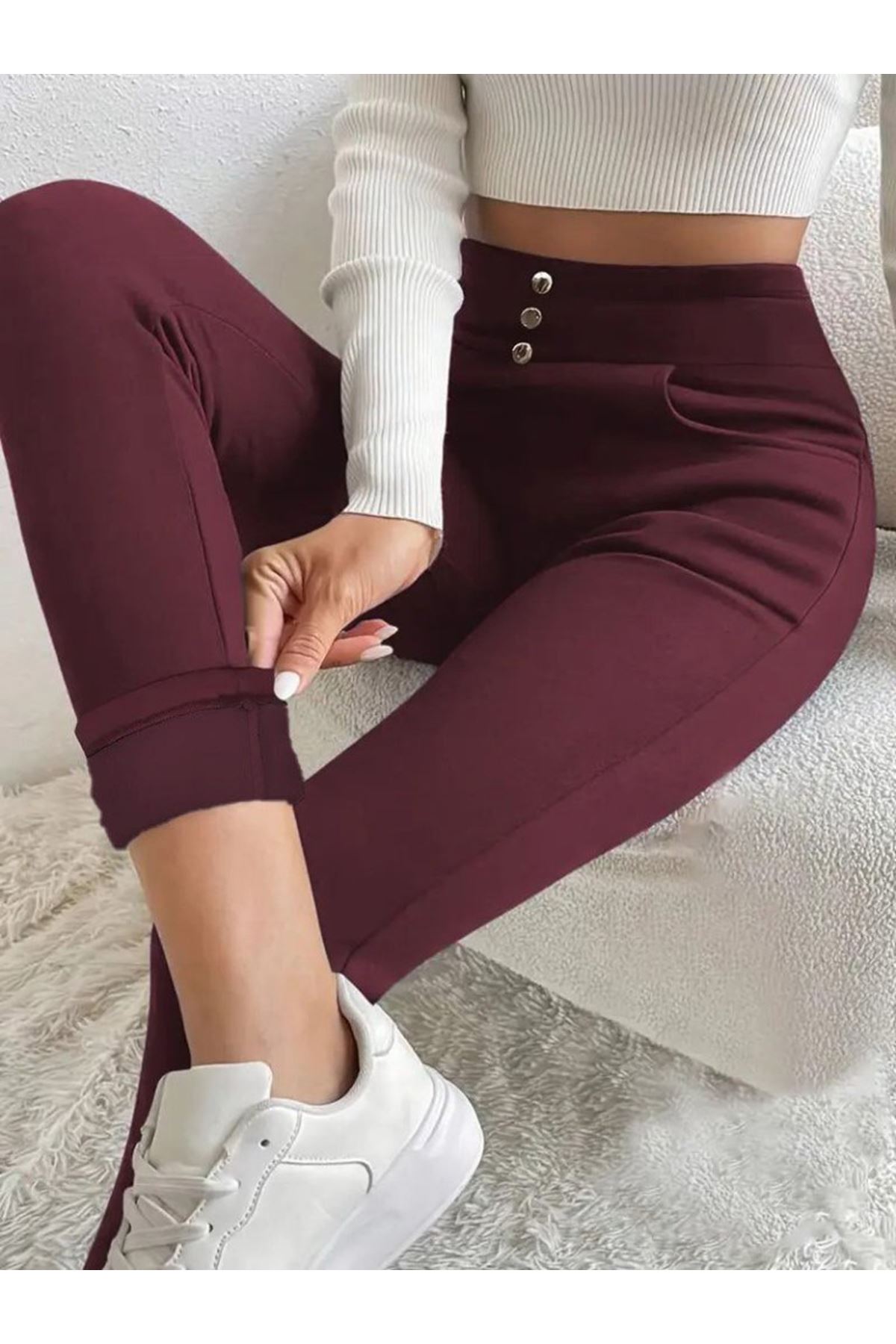 Kadın Yüksek Bel Cepli Düğmeli şardonlu Dalgıç Tayt Pantolon