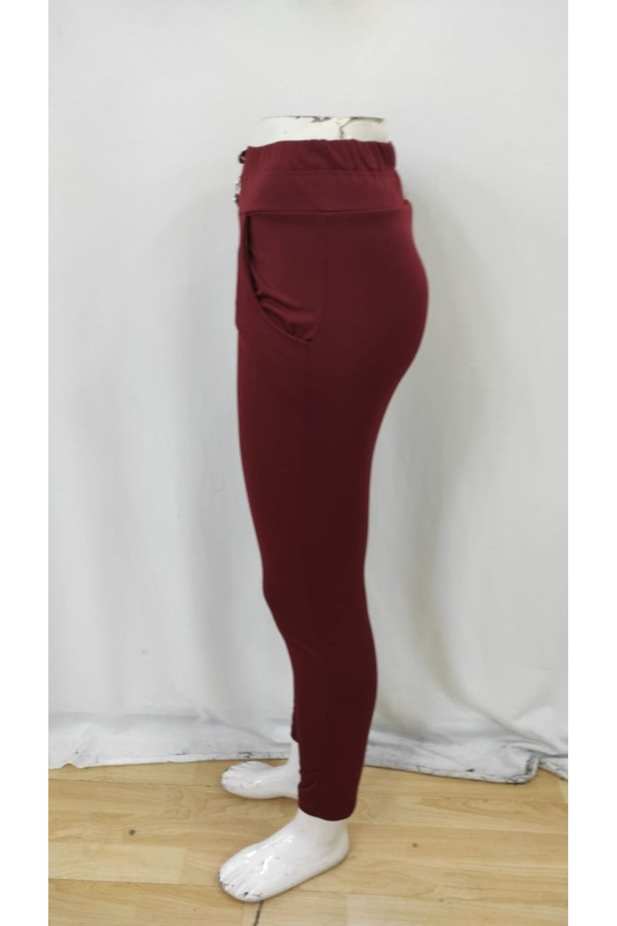 Kadın Yüksek Bel Cepli Düğmeli şardonlu Dalgıç Tayt Pantolon