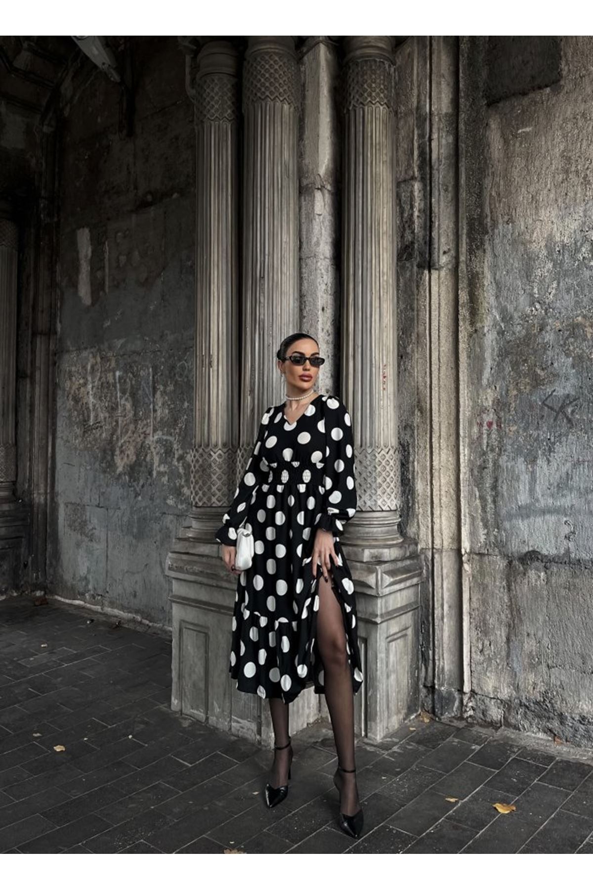 Kadın Uzun Kollu V Yakalı Beli Lastikli Puantiyeli Uzun Krep Elbise