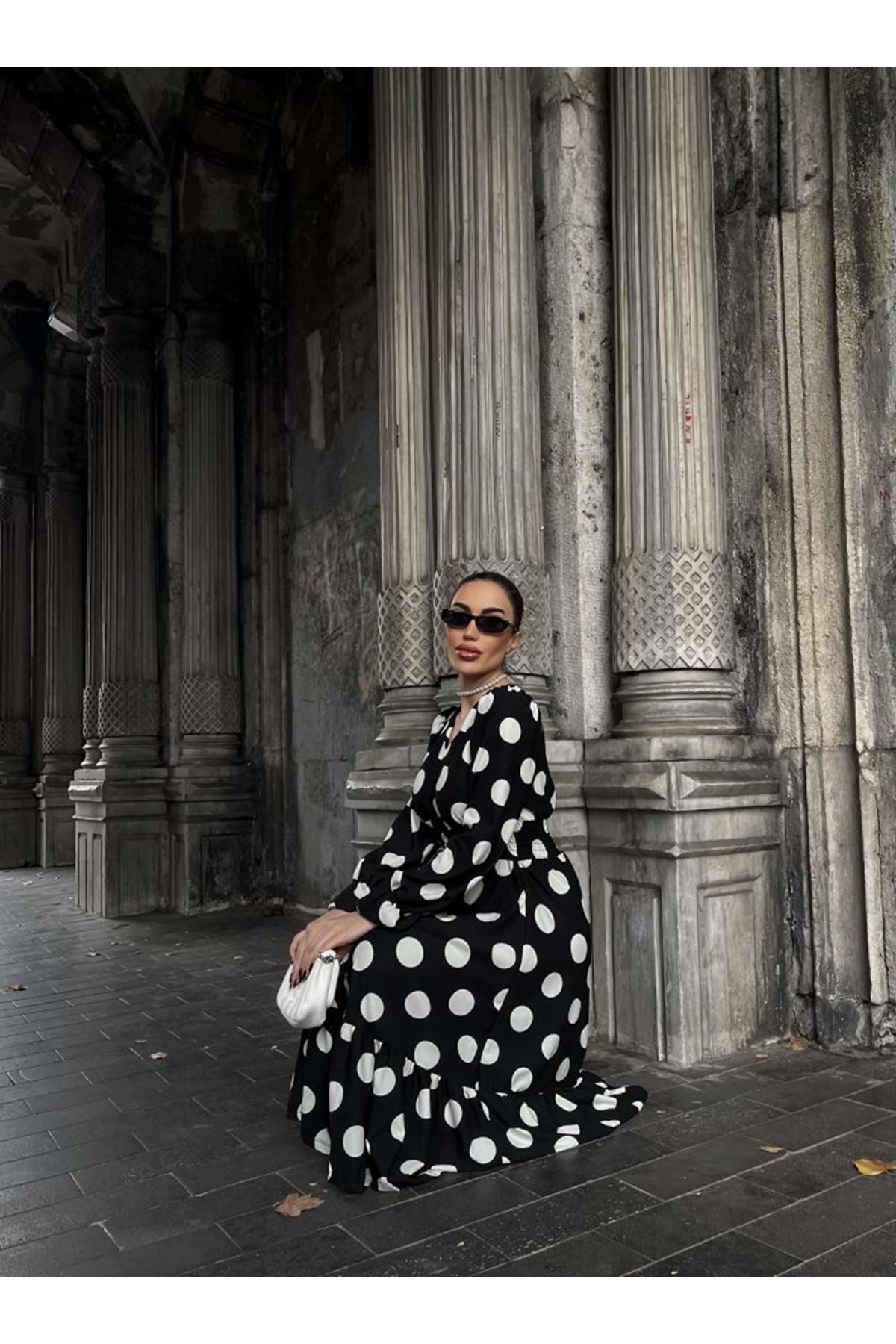 Kadın Uzun Kollu V Yakalı Beli Lastikli Puantiyeli Uzun Krep Elbise