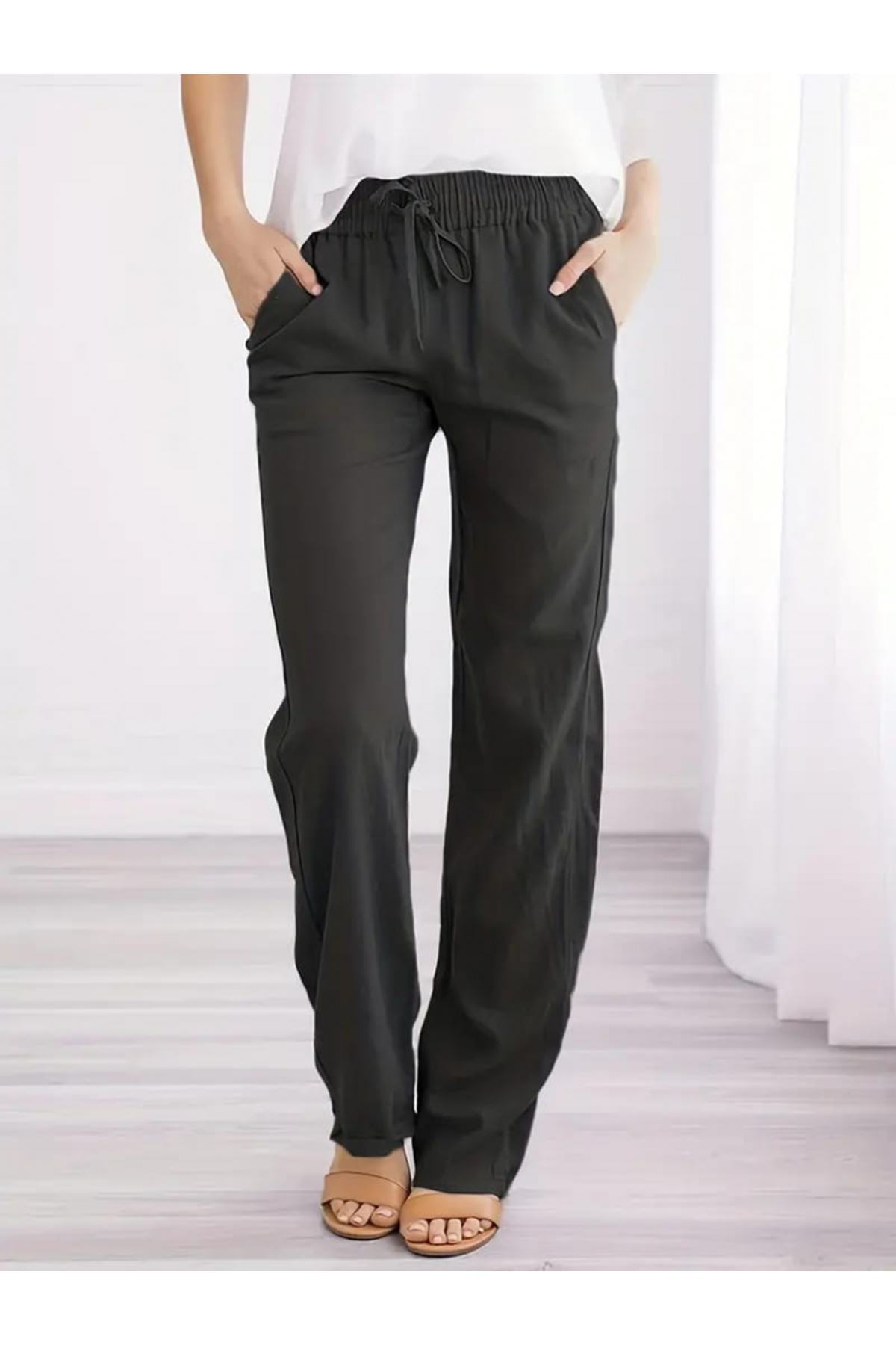 Kadın Beli Lastikli Keten Pantolon