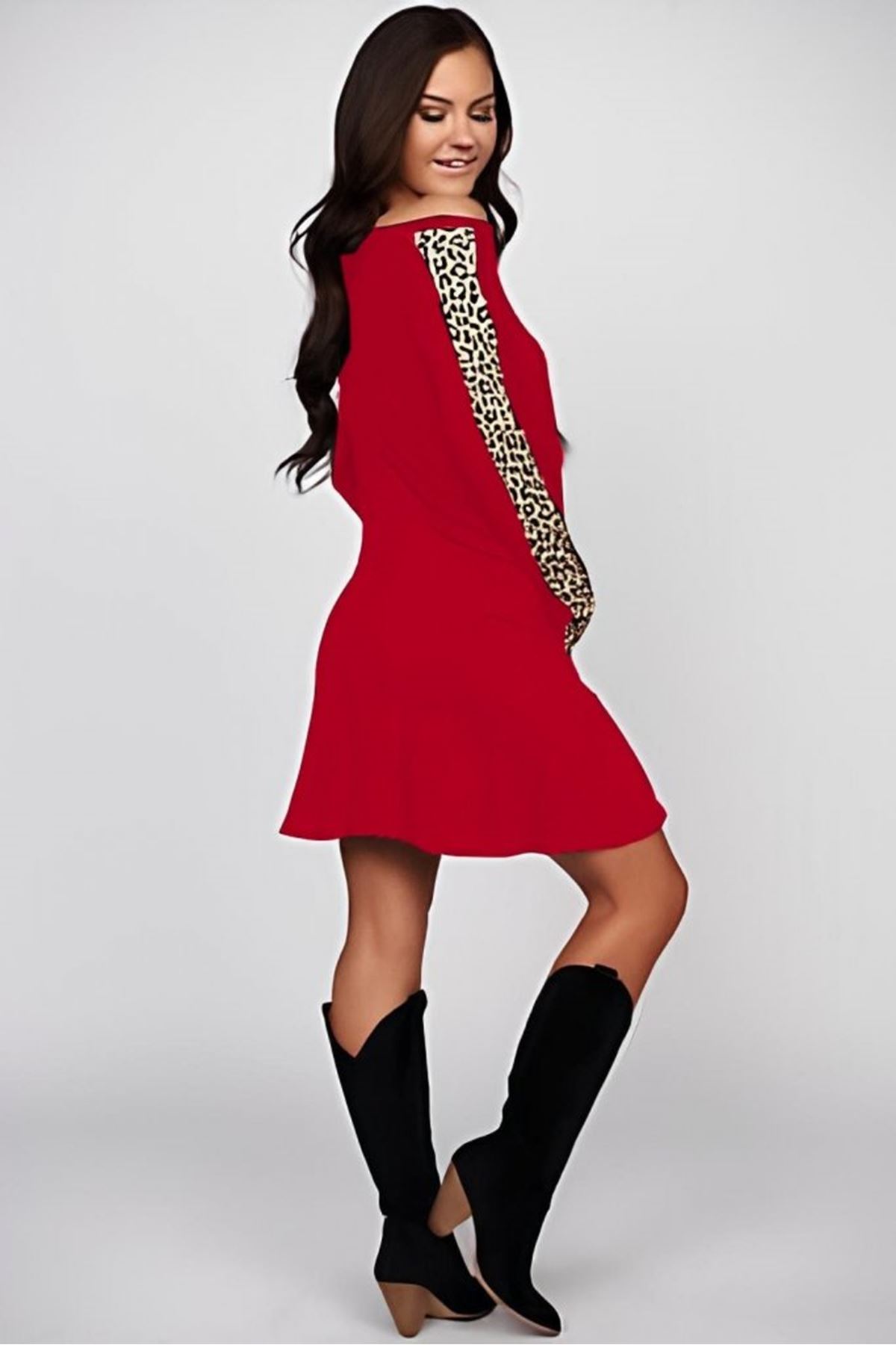 Kadın Uzun Kollu Bisiklet Yaka Kollar Leopar Detay Iki Iplik Mini Boy Elbise
