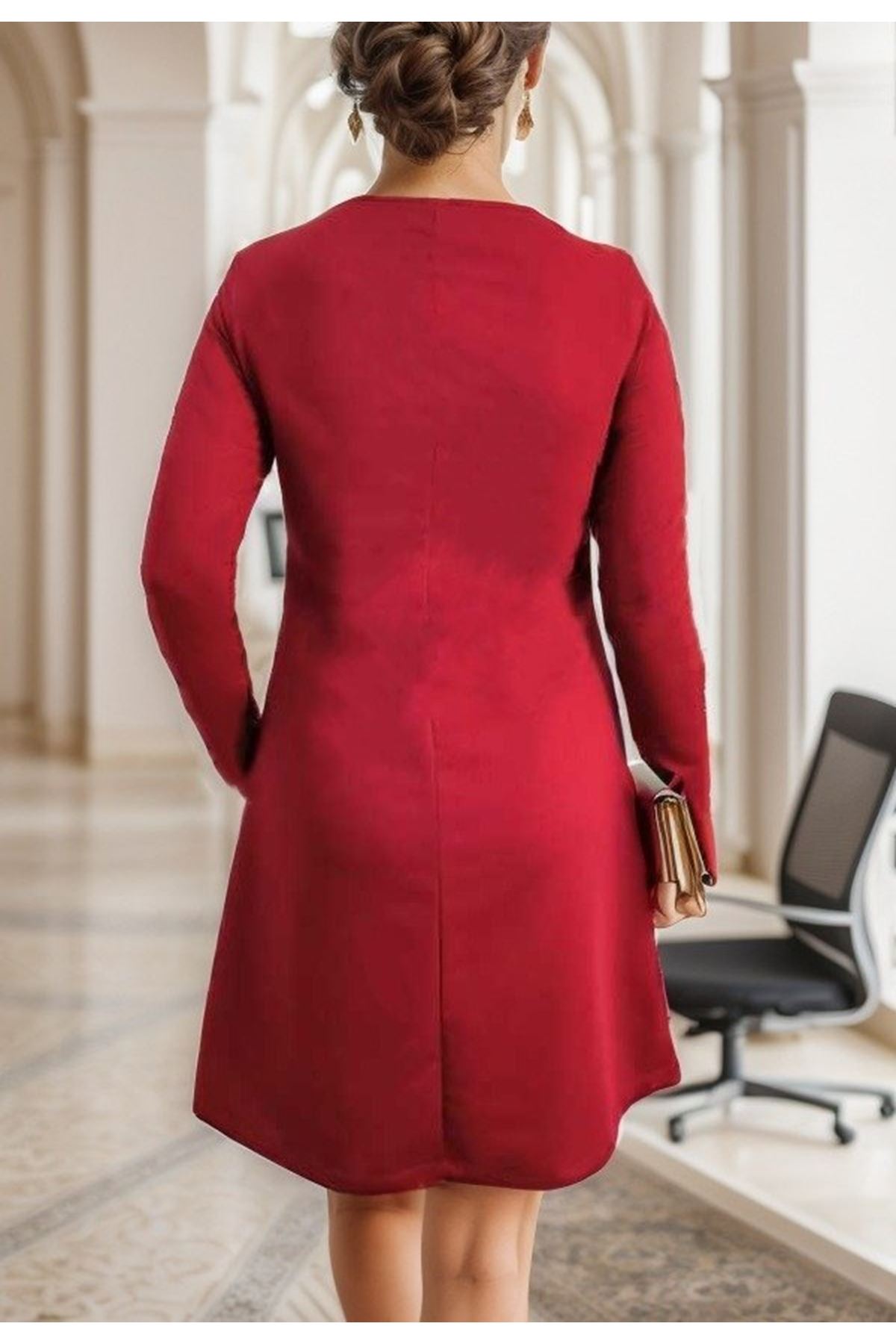 Kadın Uzun Kollu Bisiklet Yaka Kollar Leopar Detay Iki Iplik Mini Boy Elbise