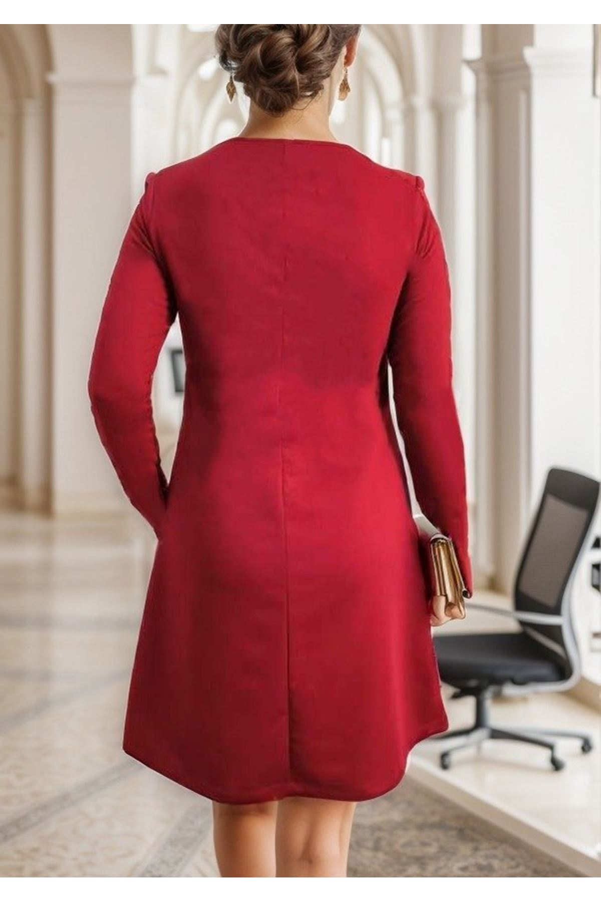 Kadın Uzun Kollu Bisiklet Yaka Kollar Leopar Detay Iki Iplik Mini Boy Elbise