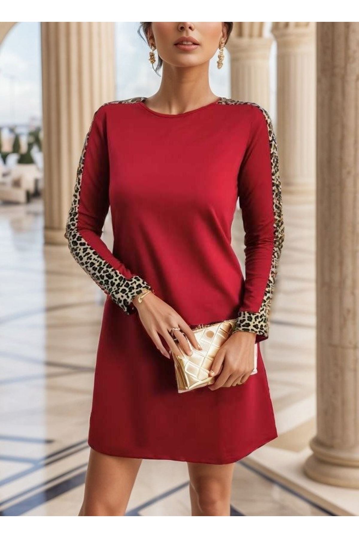 Kadın Uzun Kollu Bisiklet Yaka Kollar Leopar Detay Iki Iplik Mini Boy Elbise