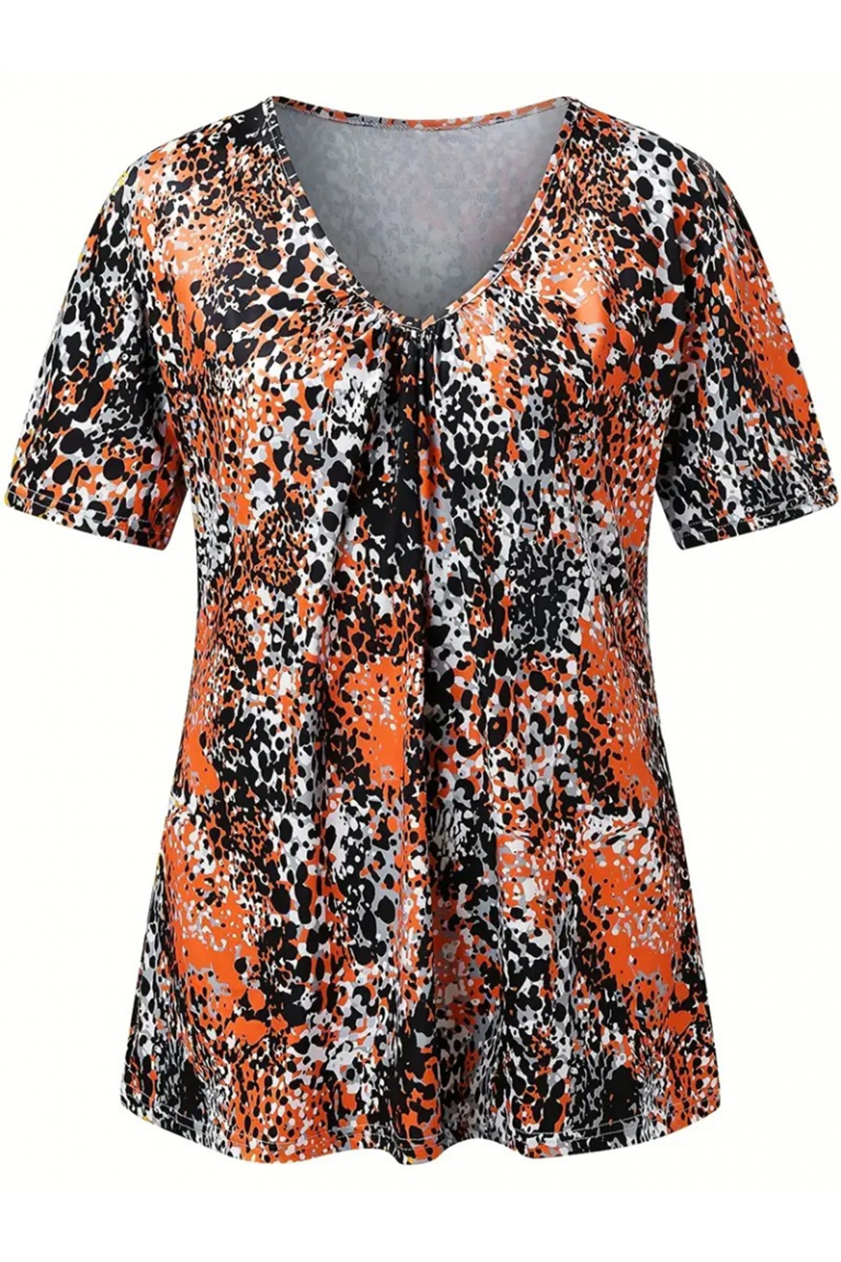 Kadın V Yaka Renkli Leopar Desen Büzgü Detay Süprem Bluz