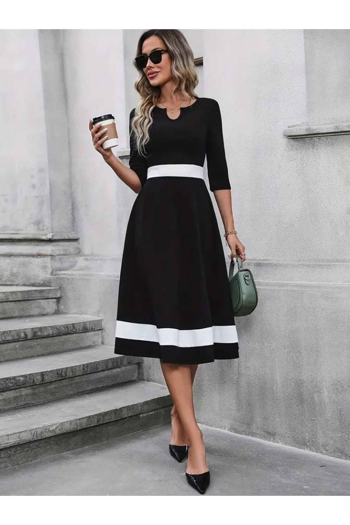 Kadın Truvakarkol Yakası Açık Blok Renkli Krep Midi Elbise