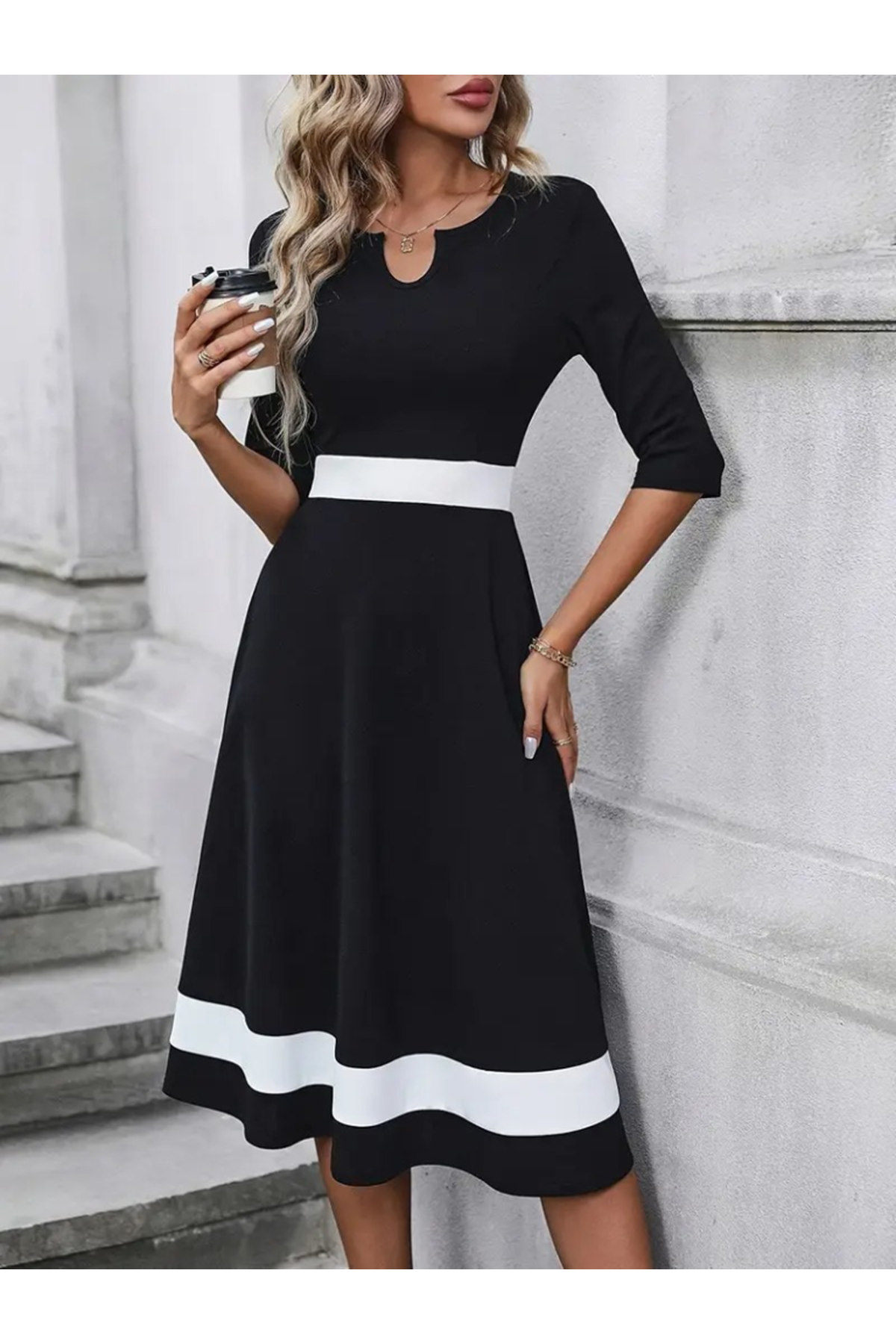 Kadın Truvakarkol Yakası Açık Blok Renkli Krep Midi Elbise