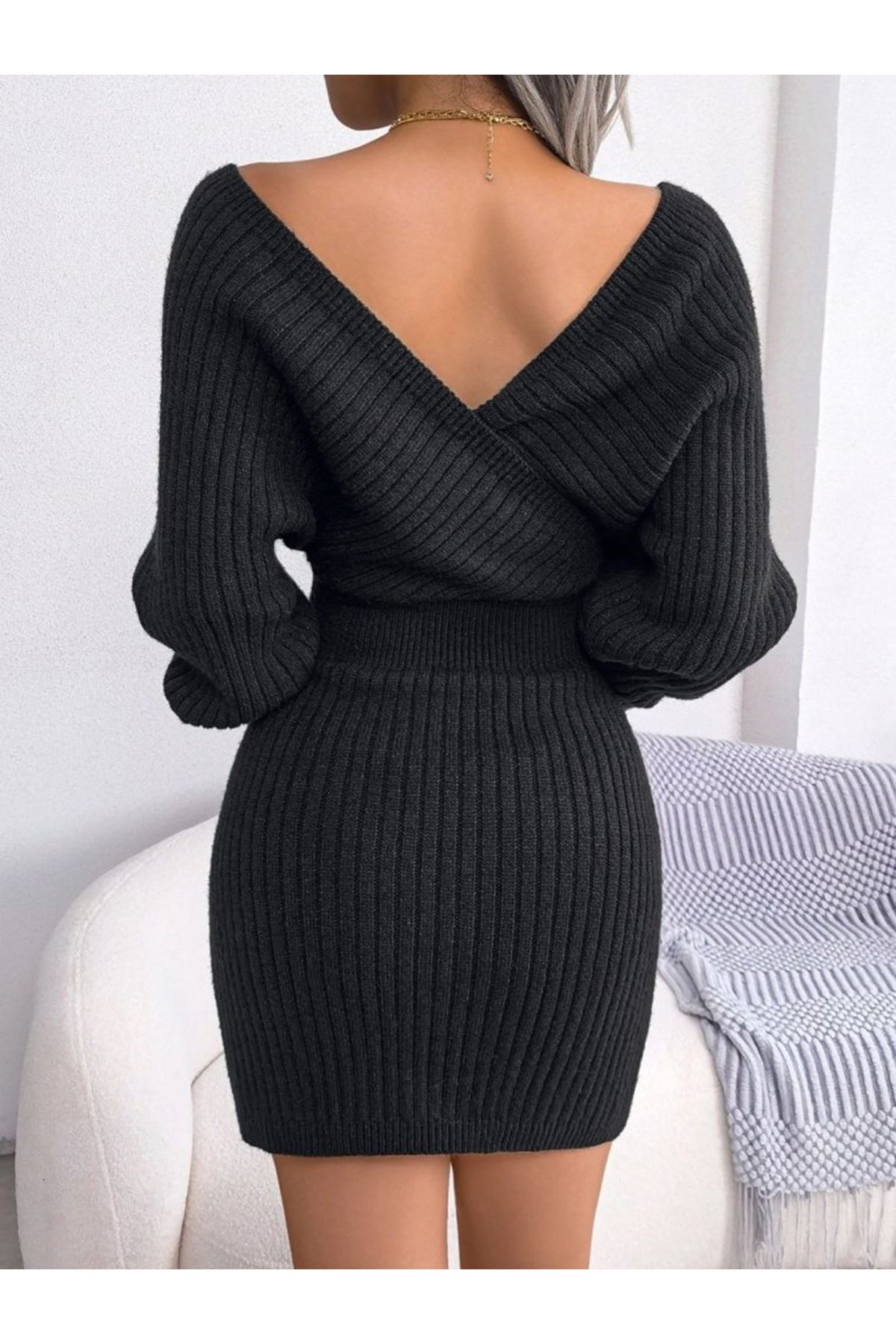 Kadın Uzun Kollu Kruvaze Geniş Yakalı Mini Triko Elbise