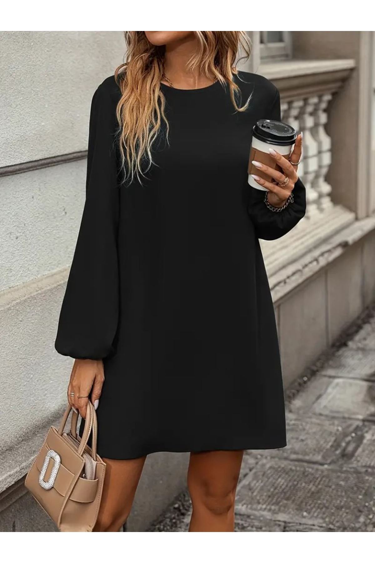 Kadın Uzun Kollu Yuvarlak Yaka Mini Ithal Krep Elbise