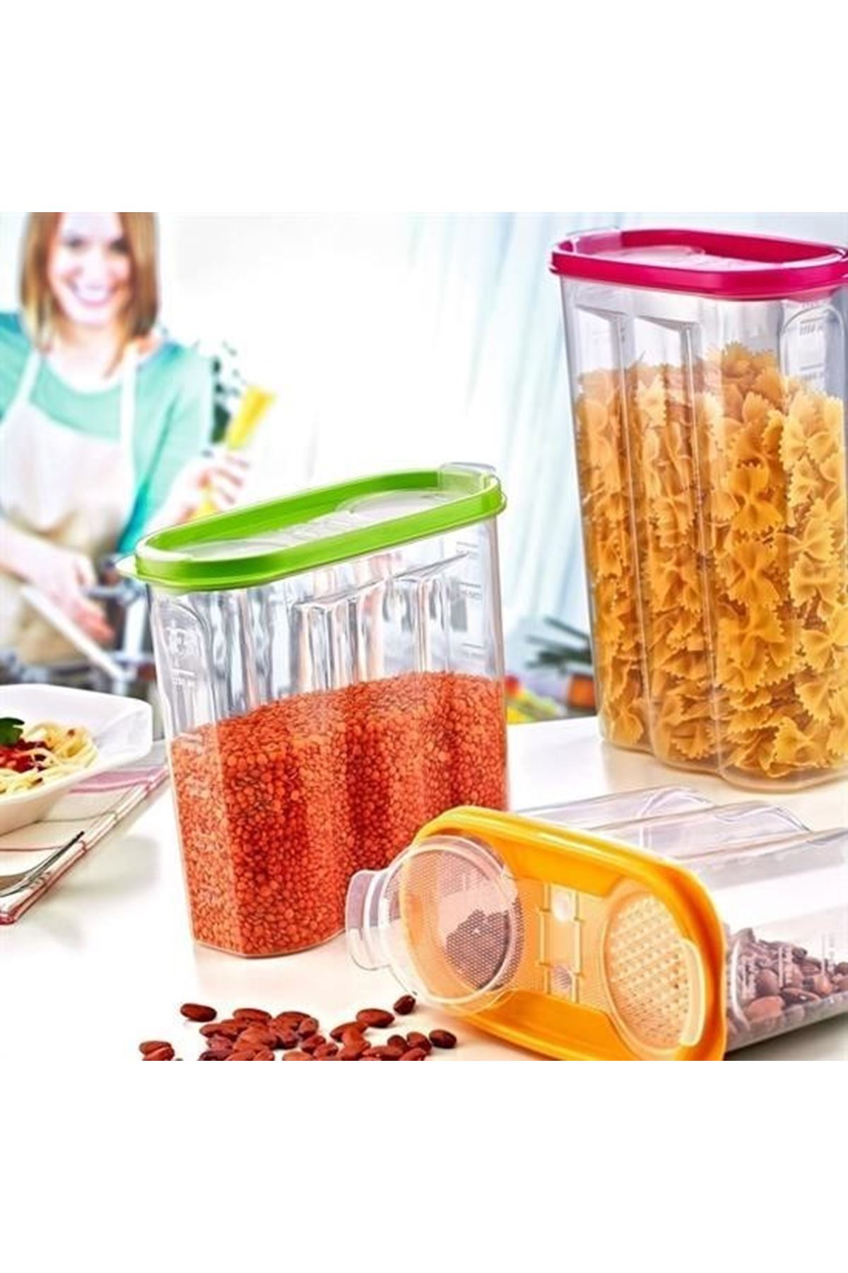 Tbl Dekor® 2 Kapaklı Ölçekli Erzak Kuru Gıda Saklama Kutusu Kabı 2,4 Litre-SA940