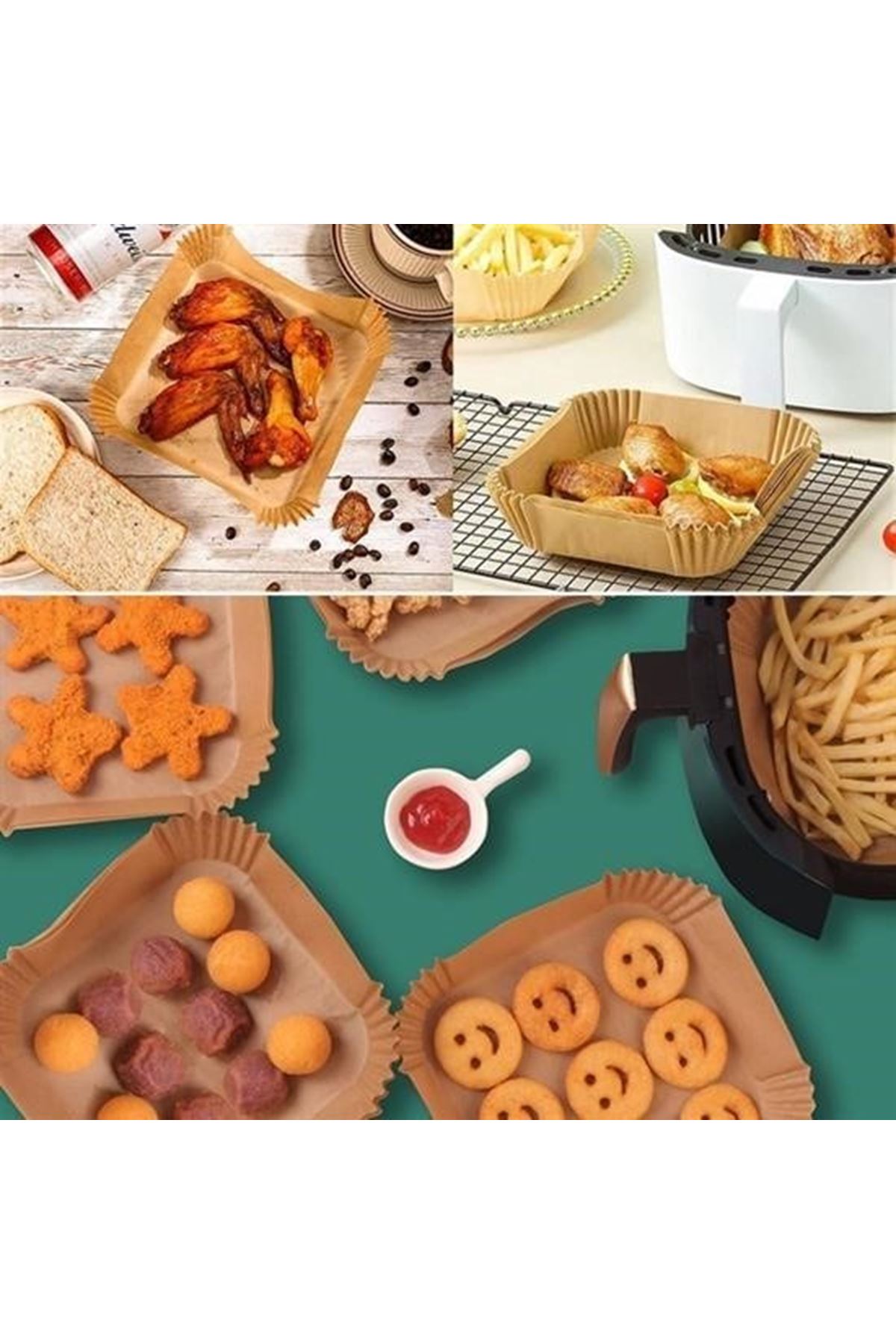 50 Adet Air Fryer Pişirme Kağıdı Tek Kullanımlık Hava Fritöz Yağ Geçirmez Yapışmaz Kare Tabak Model