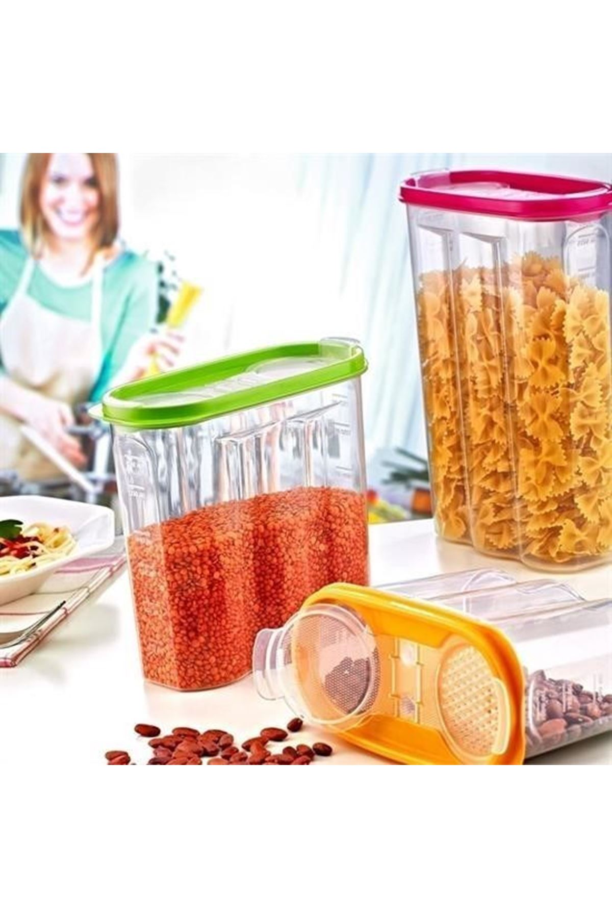 Tbl Dekor® 2 Kapaklı Ölçekli Erzak Kuru Gıda Saklama Kutusu Kabı - 1,7 Litre - SA935