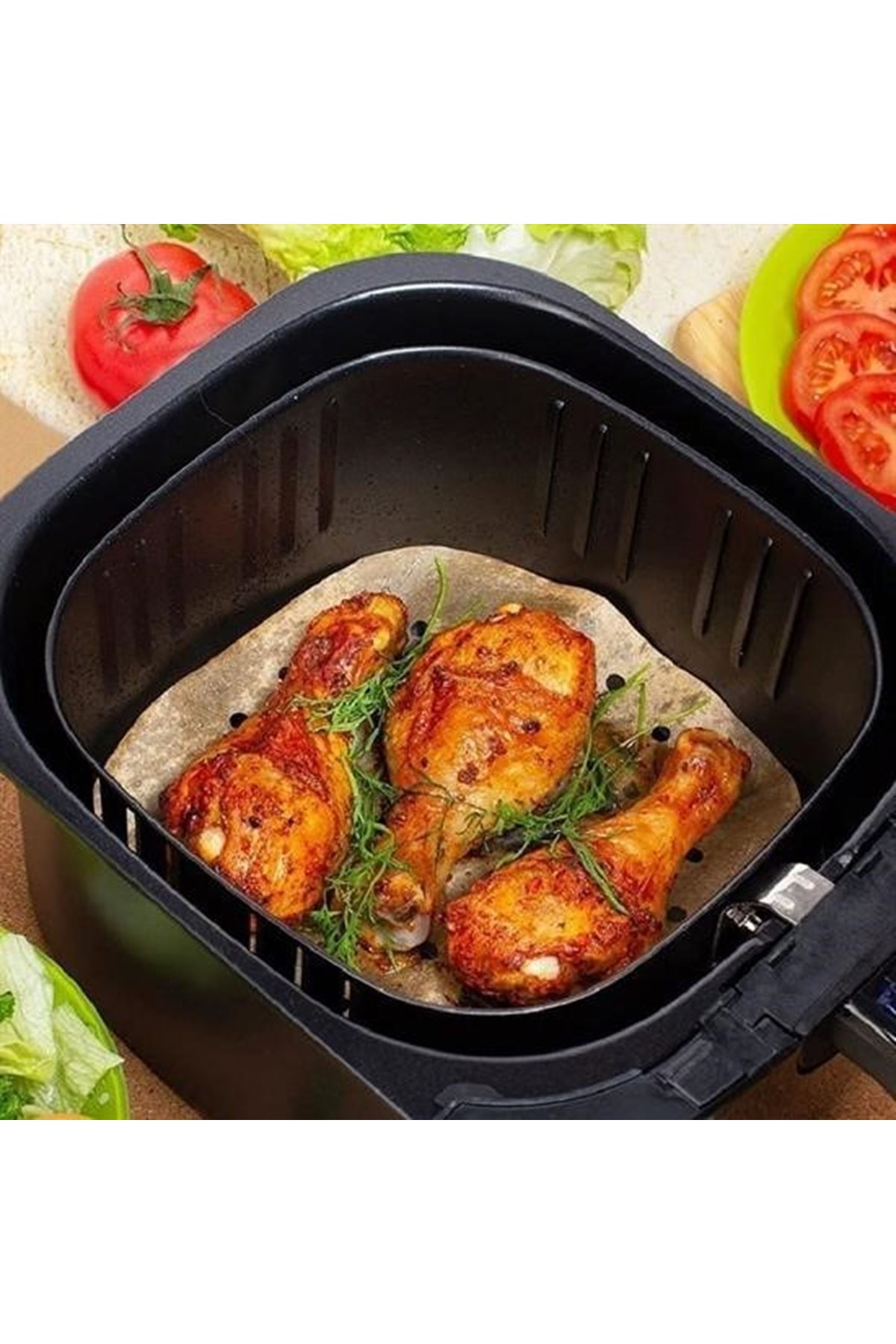 50 Adet Air Fryer Pişirme Kağıdı Tek Kullanımlık Hava Fritöz Yapışmaz Yağlı Kağıt Delikli Model