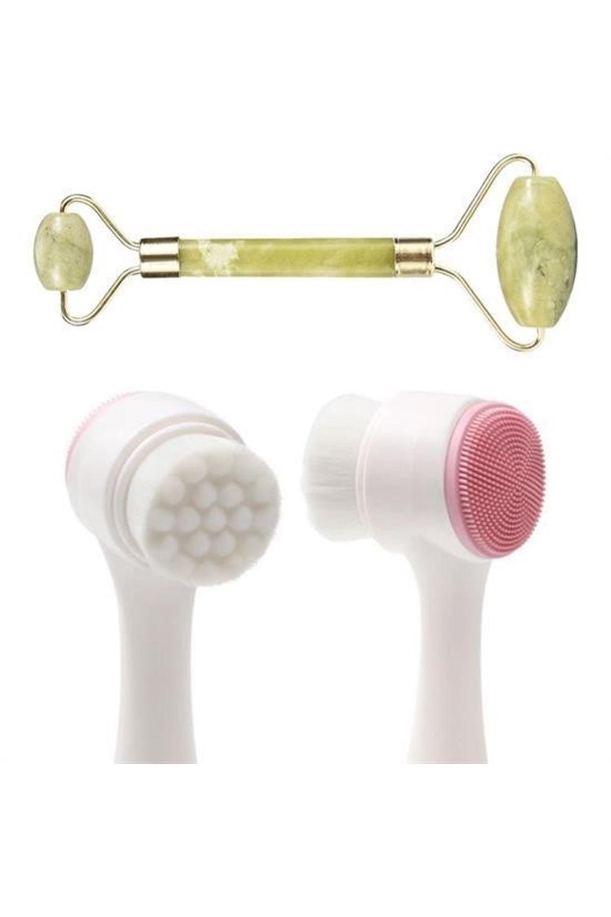 Tbl Dekor® 2li Set Çift Taraflı Cilt Temizleme Fırçası ve Yeşim Taşı Çift Taraflı Cilt Masaj Aleti