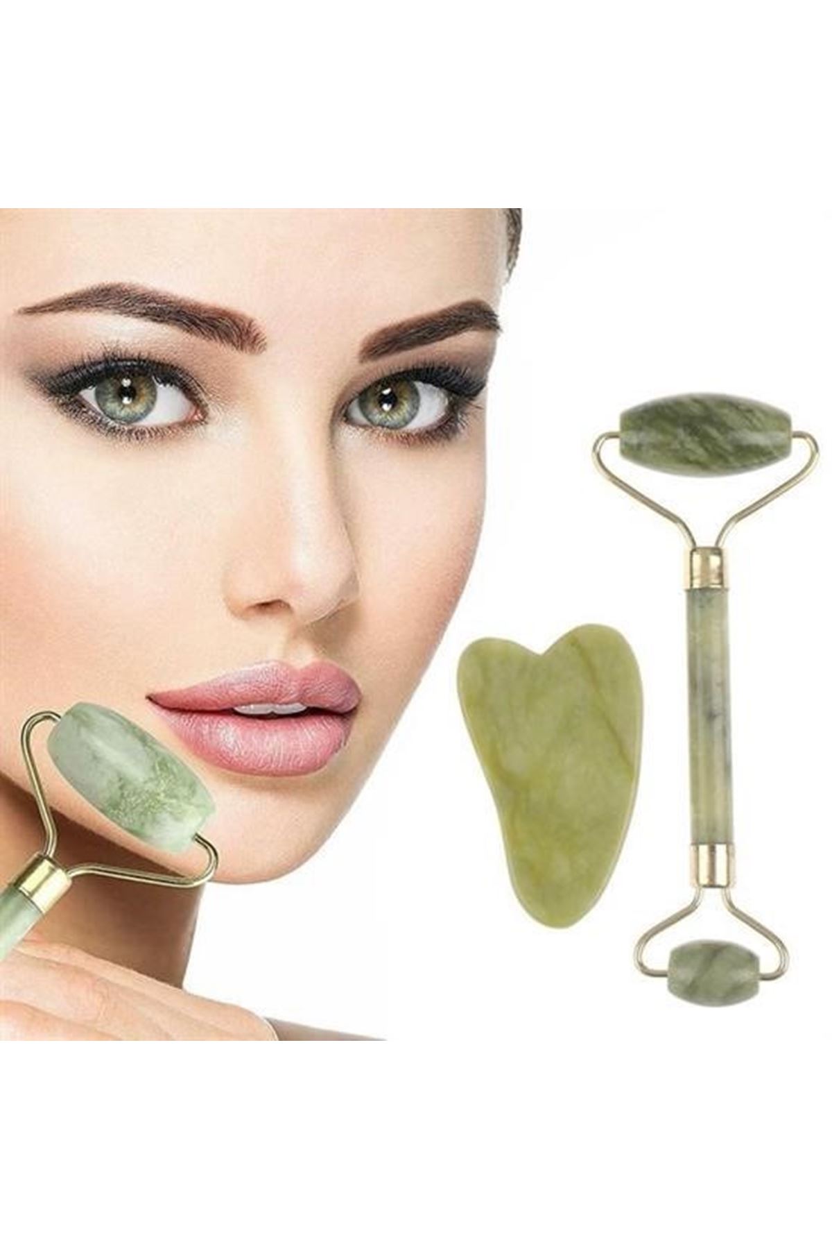 Tbl Dekor® Çift Taraflı 2li Cilt Yüz Masaj Aleti Jade Roller Yeşim  Taşı Seti