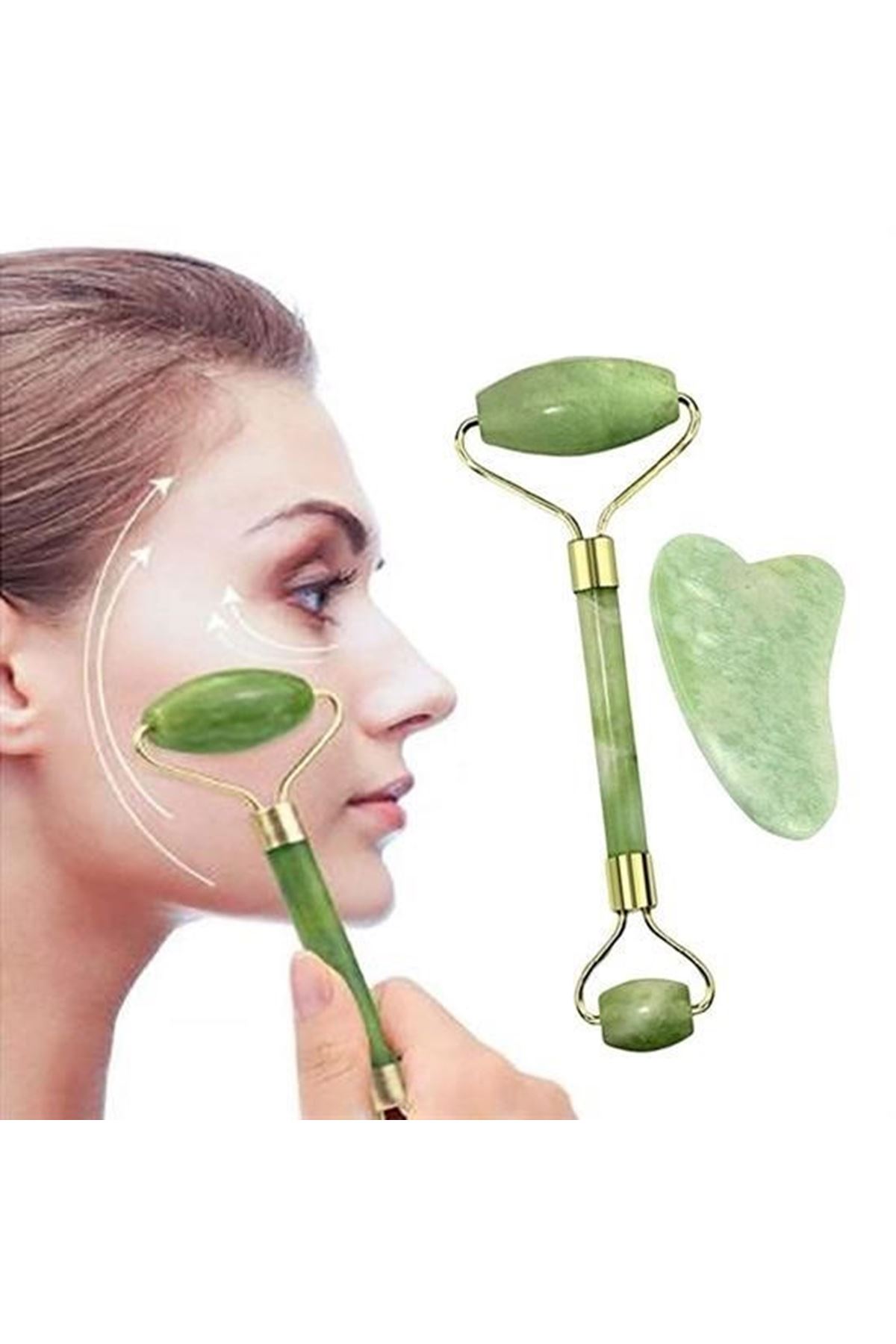 Tbl Dekor® Çift Taraflı 2li Cilt Yüz Masaj Aleti Jade Roller Yeşim  Taşı Seti