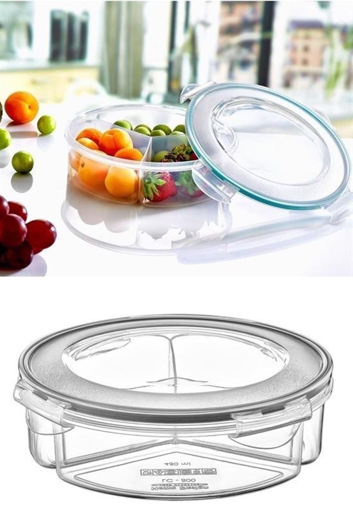 Tbl Dekor® 3 Bölmeli Sızdırmaz Contalı Kilitli Kapaklı 1,35 Litre yuvarlak Erzak Saklama Kabı LC-500