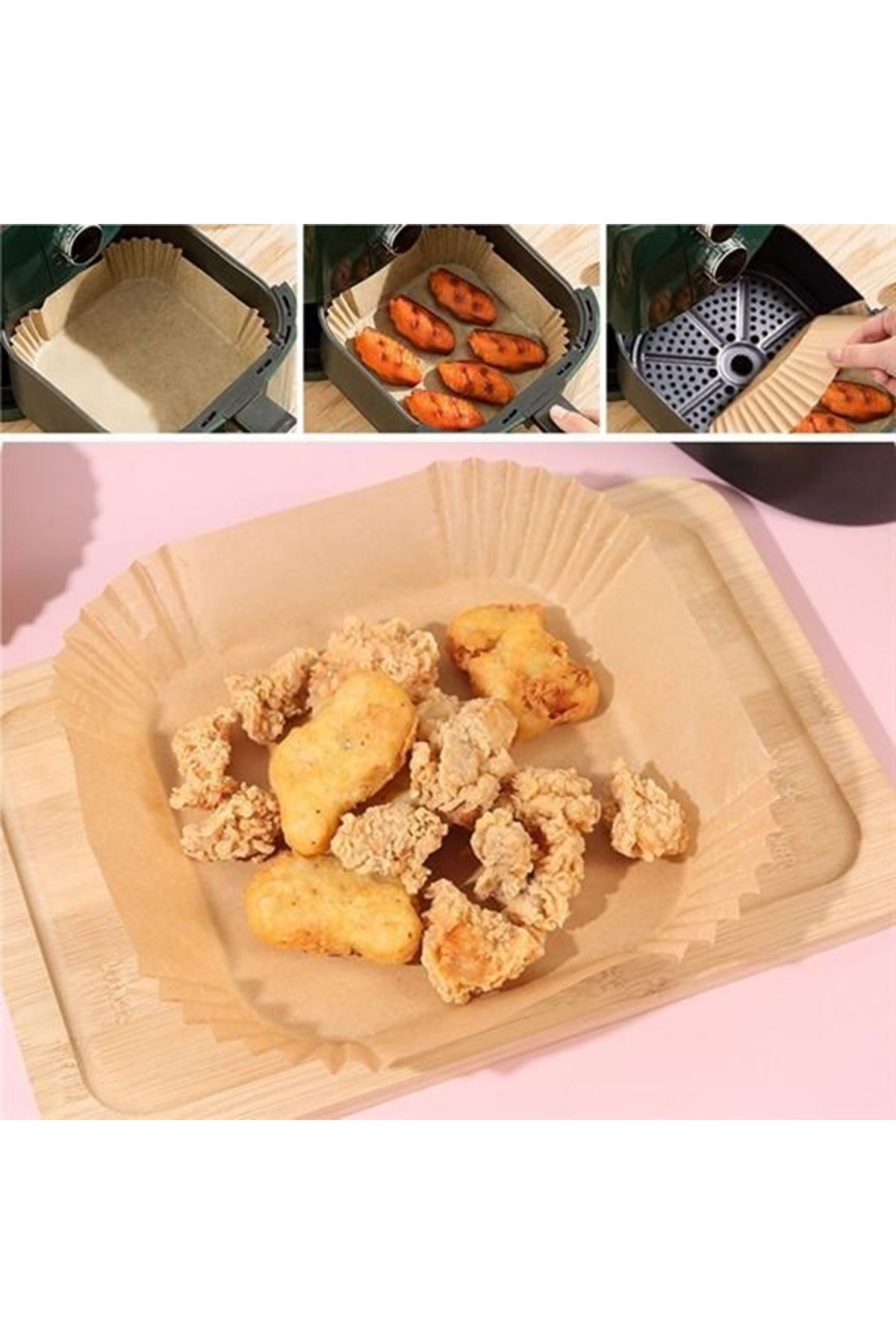 Tbl Dekor® 50 Adet Air Fryer Pişirme Kağıdı Tek Kullanımlık Yağ Geçirmez Yapışmaz Kare Tabak Model PVC