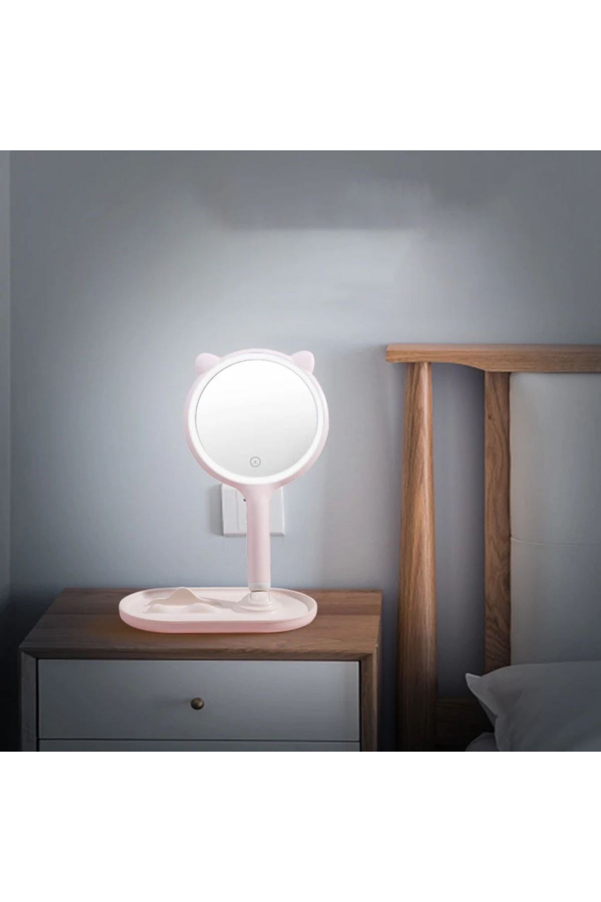 Tbl Dekor® Kedi Kulaklı Telefon Standlı Yuvarlak Dokunmatik Led Ayarlı Masa Üstü Makyaj Aynası