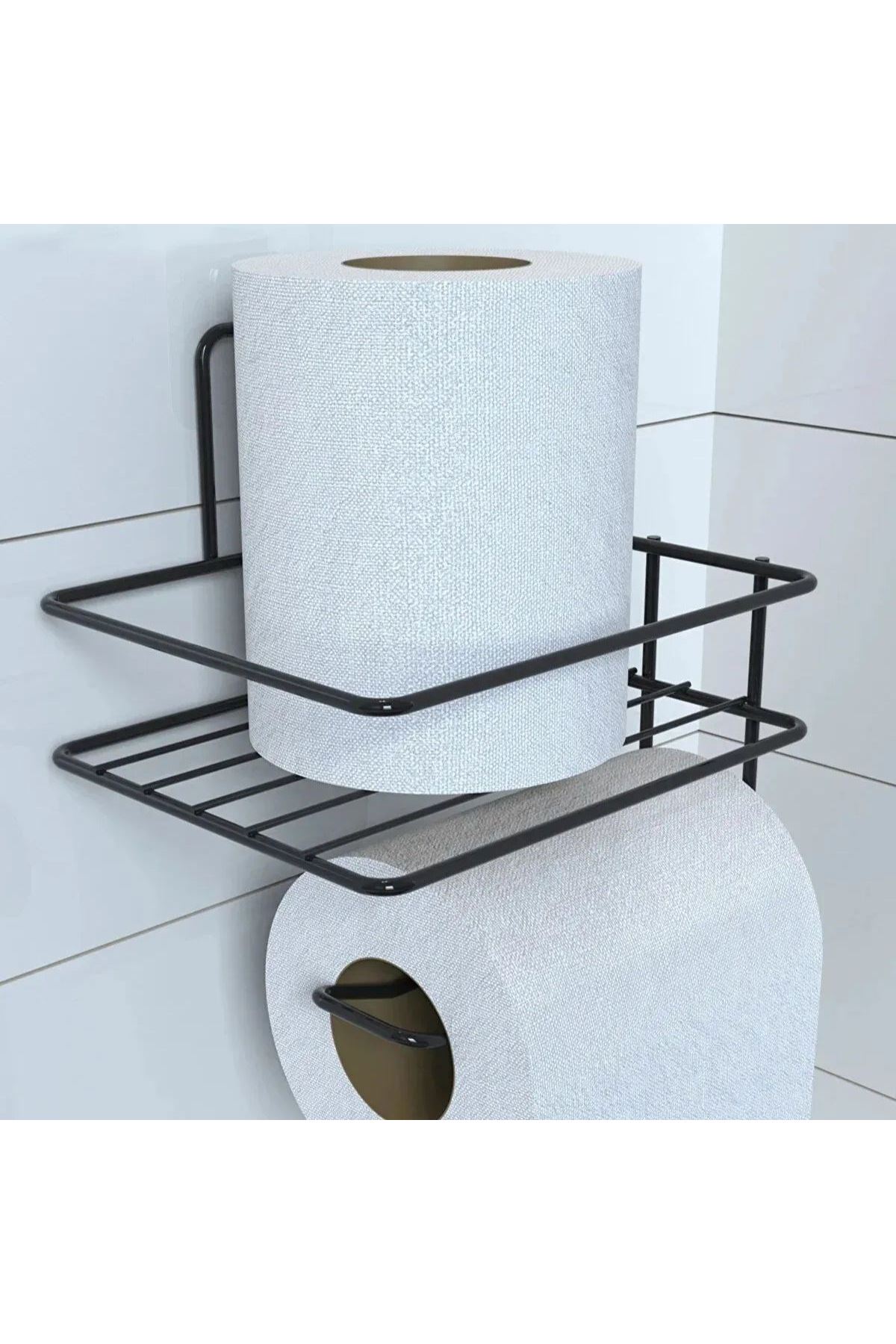 Tbl Dekor® Kendiliğinden Yapışkanlı Tuvalet Kağıdı Tutacağı ve Yedek Raf - Siyah Modern Metal Tasarım