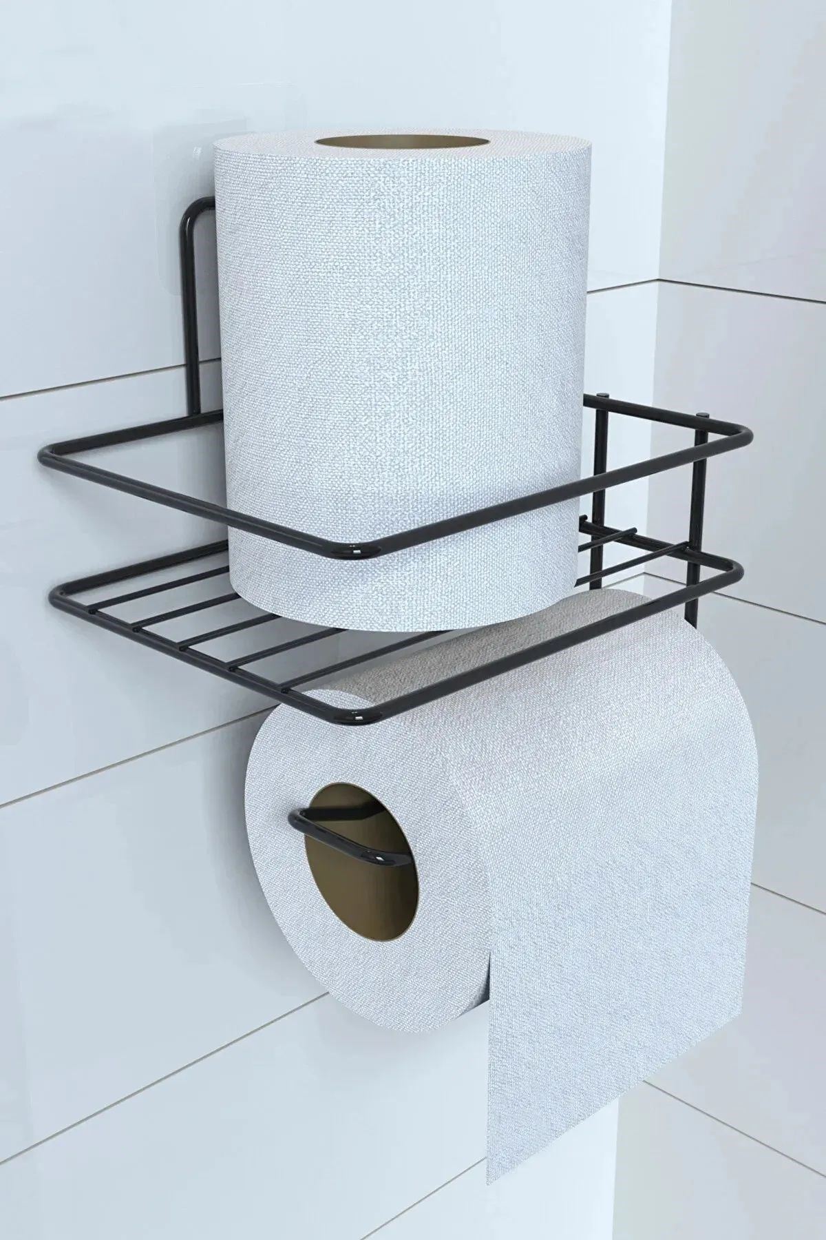 Tbl Dekor® Kendiliğinden Yapışkanlı Tuvalet Kağıdı Tutacağı ve Yedek Raf - Siyah Modern Metal Tasarım