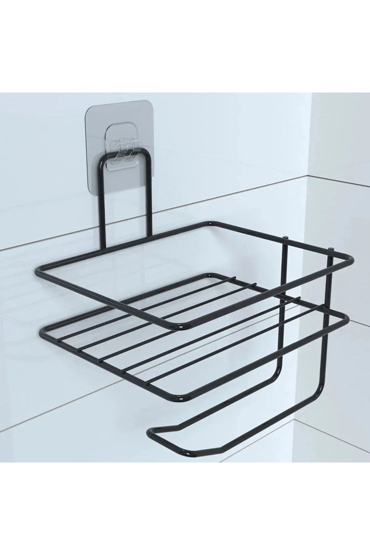 Tbl Dekor® Kendiliğinden Yapışkanlı Tuvalet Kağıdı Tutacağı ve Yedek Raf - Siyah Modern Metal Tasarım