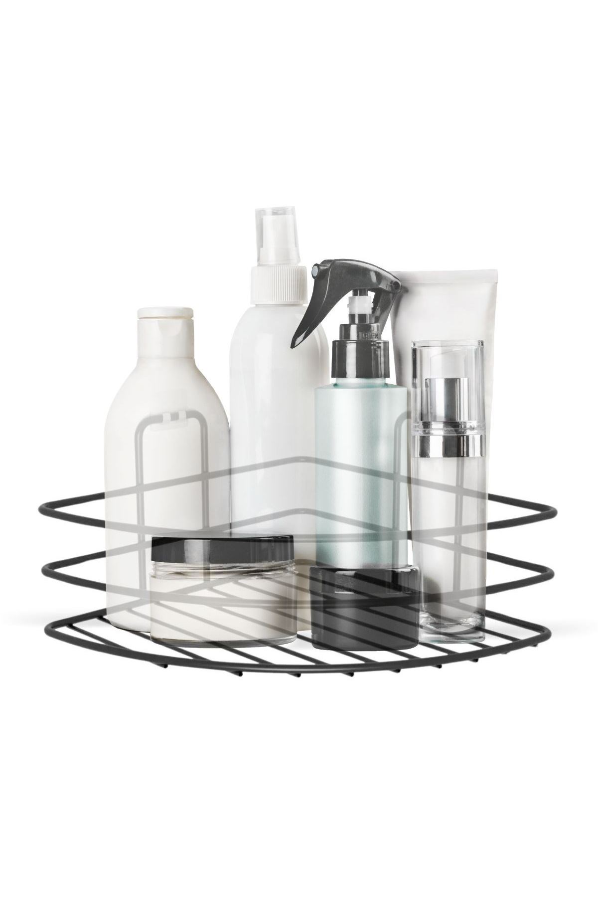 Tbl Dekor® Kendiliğinden Yapışkanlı Montaj Gerektirmeyen Tek Katlı Banyo Askı Köşe Şampuanlık Siyah